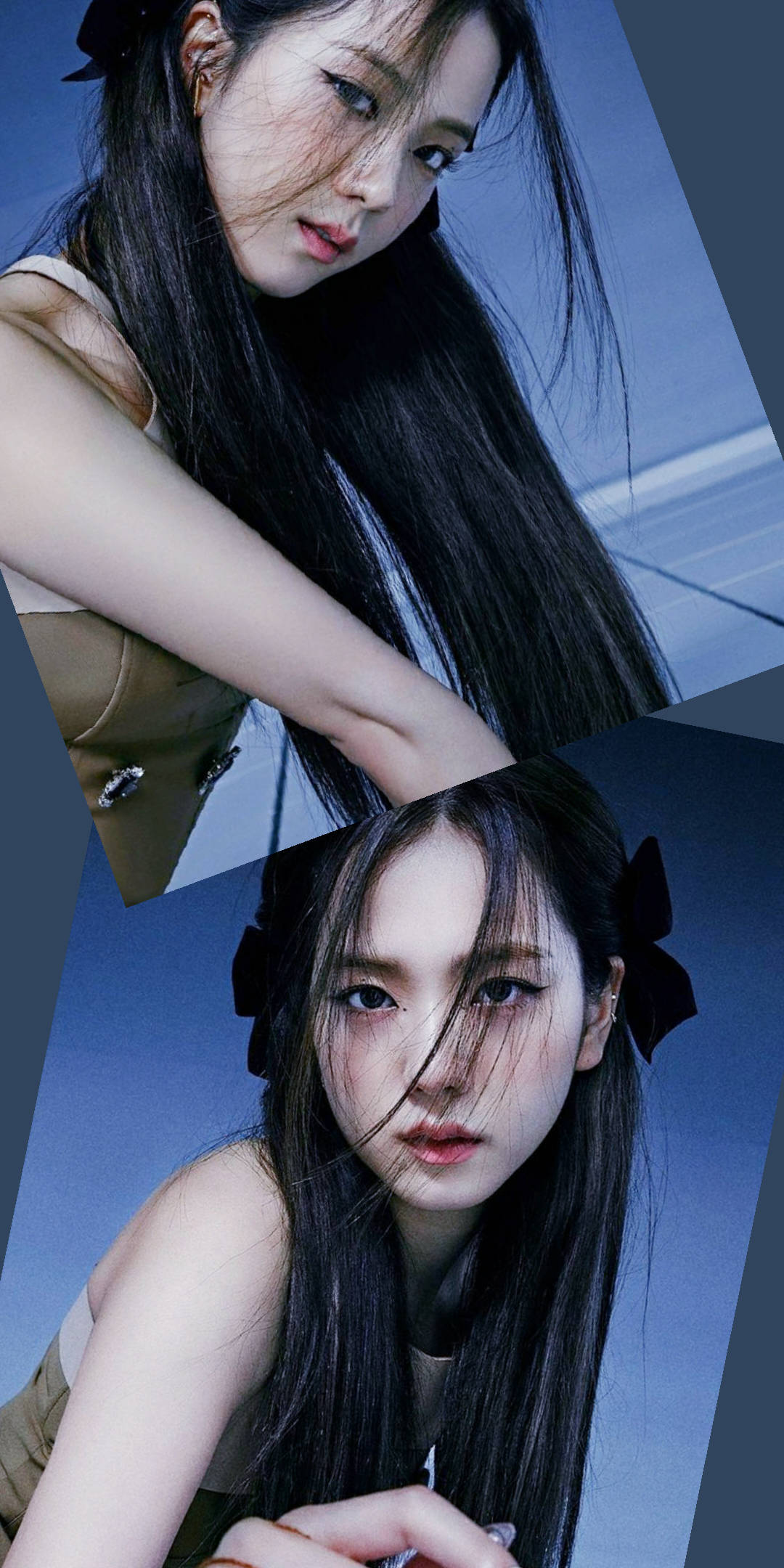 美麗金智秀鎖屏壁紙 壁紙 — 一位年輕女性，長長的黑髮和黑色蝴蝶結，在冷藍色背景前，以風格化的肖像畫中強烈凝視。