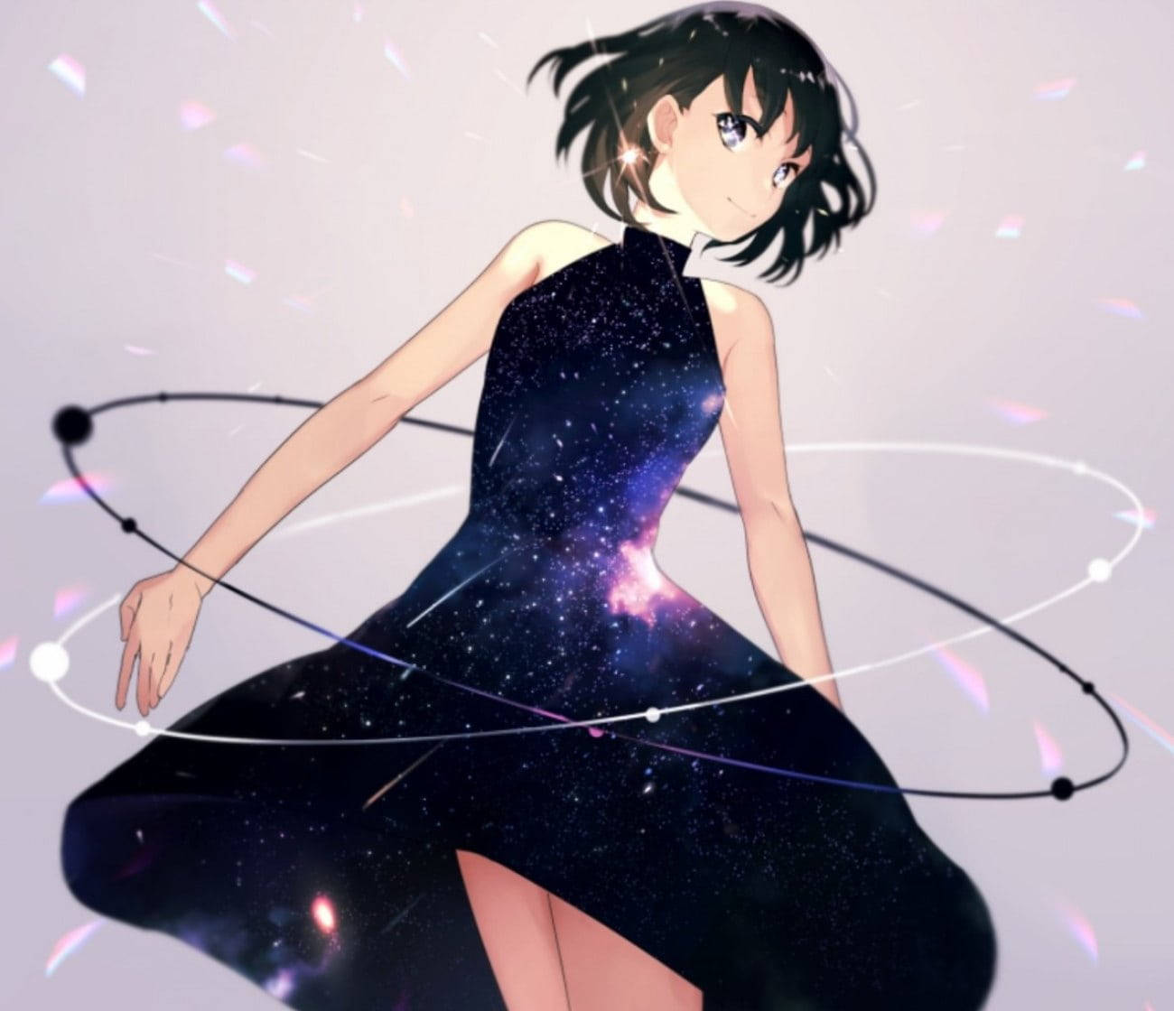 動漫女孩穿著銀河主題裙，周圍有環繞的行星和發光的粒子。