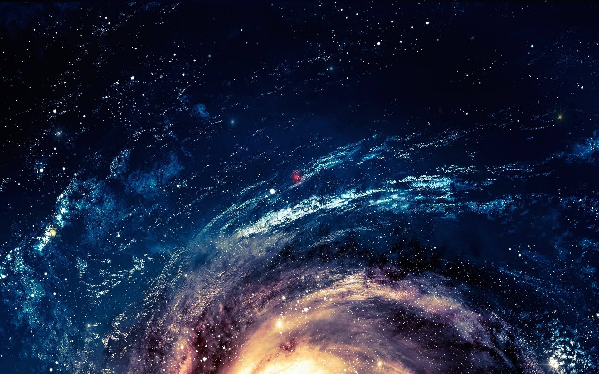 一個旋轉的螺旋星系，帶有發光的星星和宇宙塵埃。