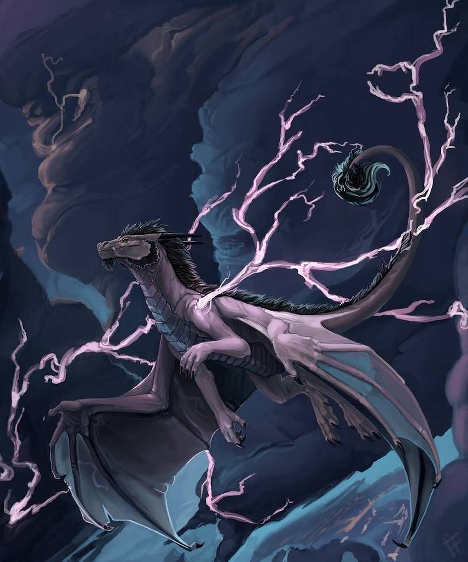 美麗雷電龍 壁紙 — 一隻莊嚴的紫色巨龍在風暴天空中翱翔，粉紅色閃電在烏雲中劈啪作響。
