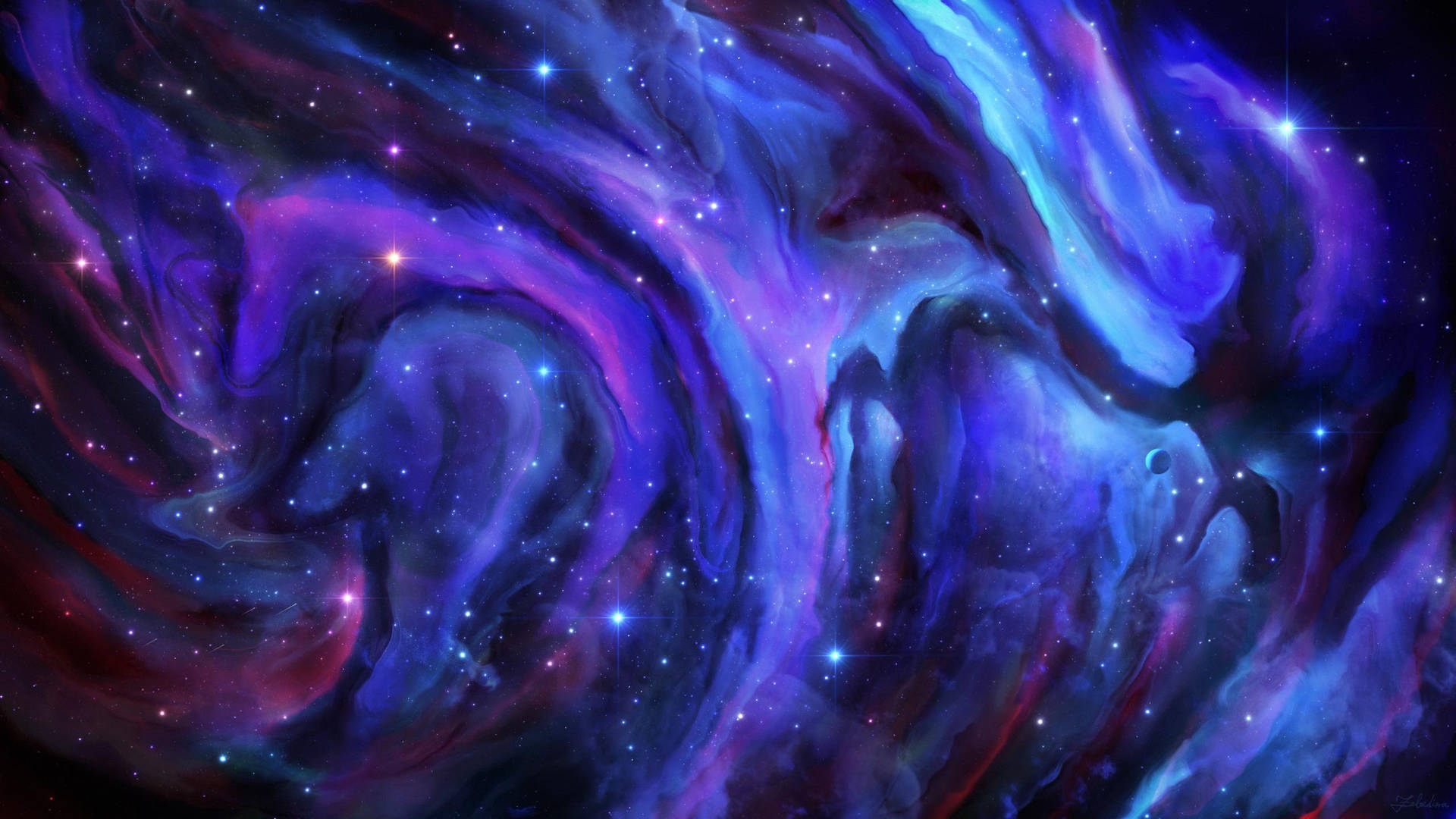 美麗靛藍美學天空 壁紙 — 充滿活力的宇宙星雲在黑暗虛空中旋轉，呈現電光藍、紫和粉紅色，點綴著閃爍的星星。