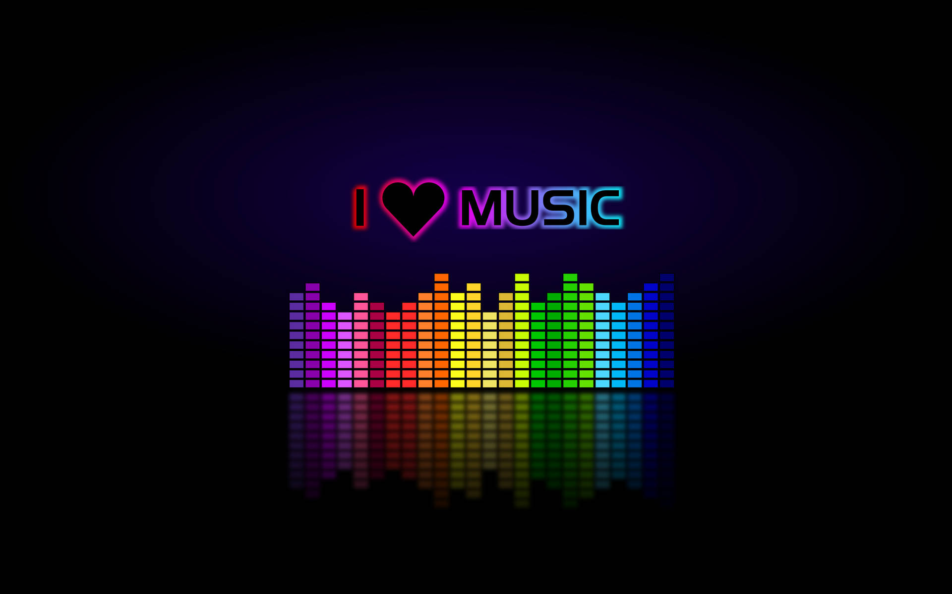 帶有反射效果的彩色音頻均衡器條上方的霓虹燈文字「I ❤️ MUSIC」。