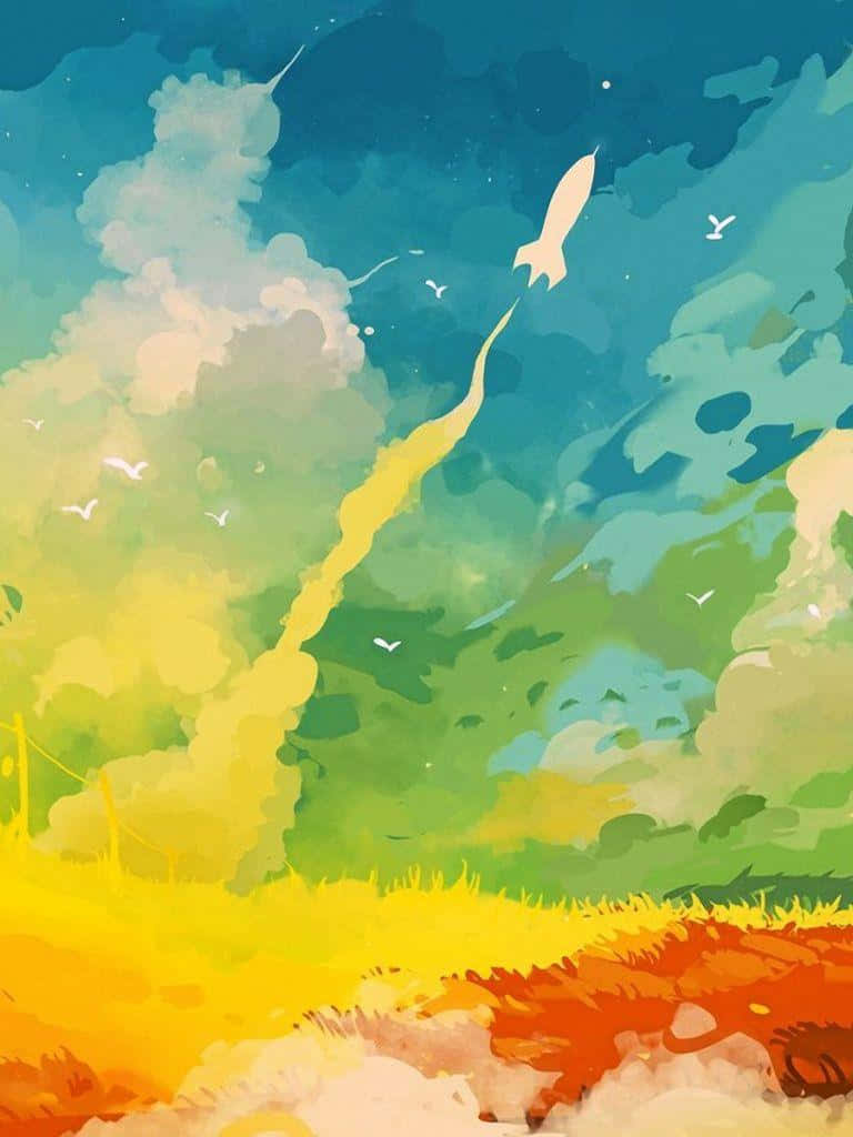 火箭發射到色彩繽紛的天空中，附近有鳥兒飛翔。