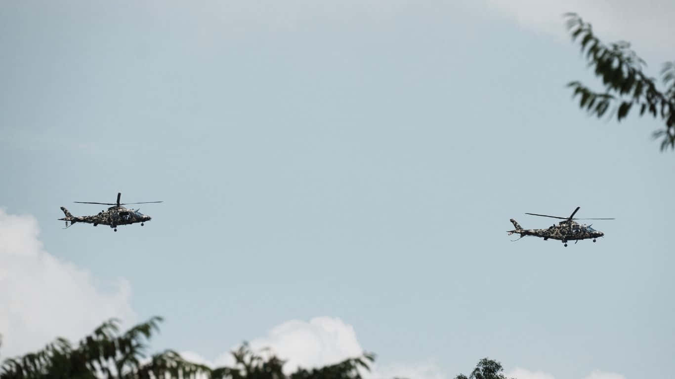 群機直升機翱翔於晴空 壁紙 — 兩架軍用直升機在淡藍色的天空下編隊飛行，下方可見散落的雲朵和樹梢。