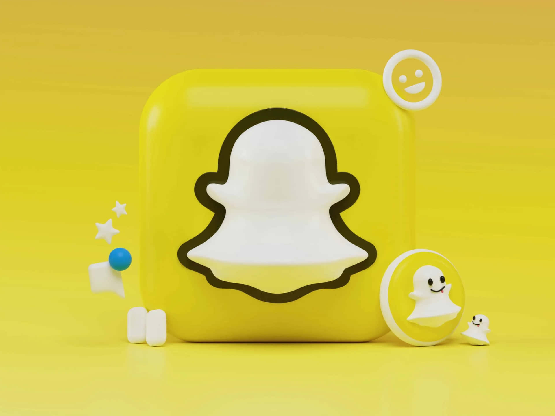 Snapchat標誌立方體，帶有鬼魂角色和圖標在黃色背景上