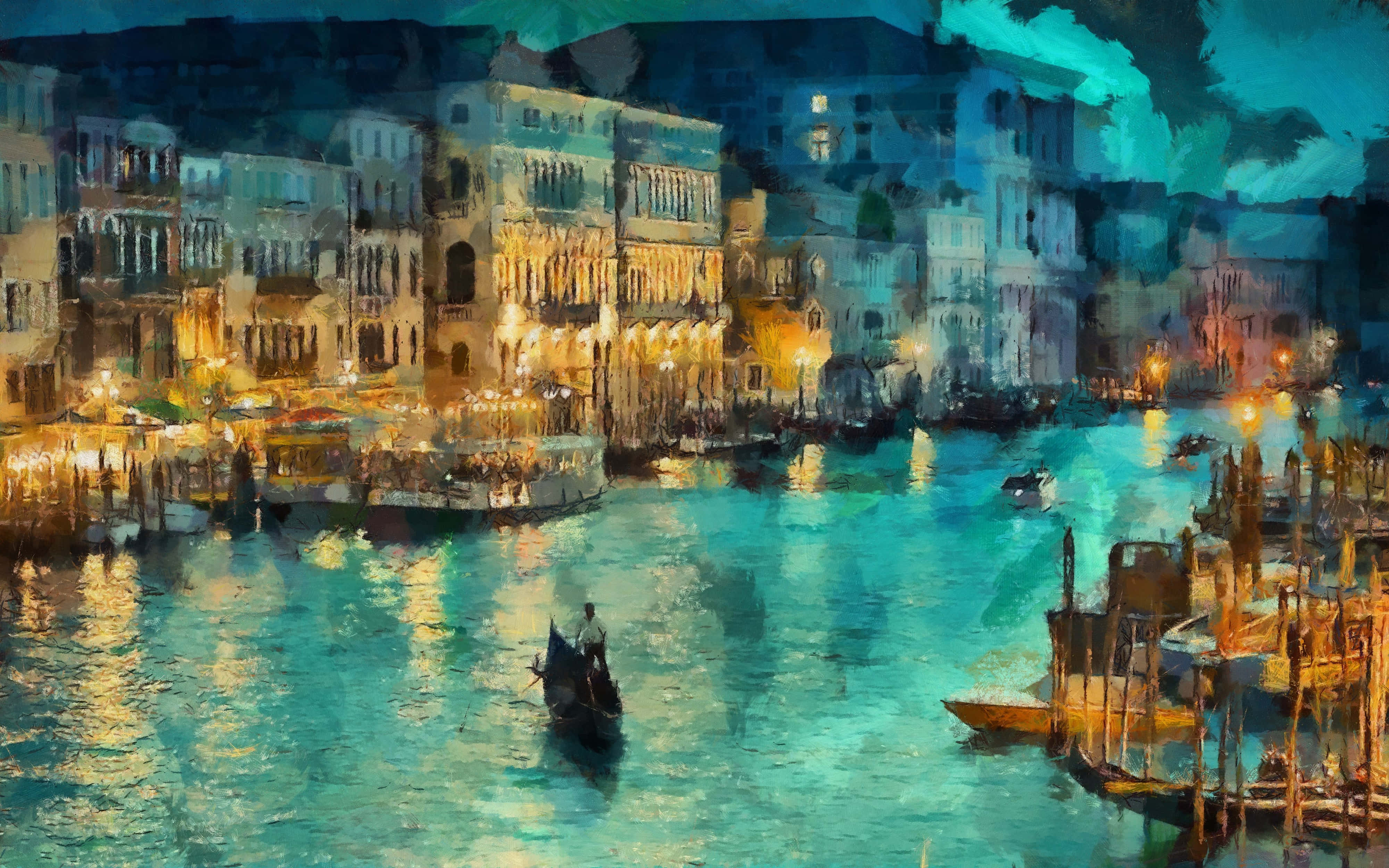 義大利威尼斯夜景4K畫作 壁紙 — 一幅充滿活力的威尼斯水彩畫，描繪黃昏時分，貢多拉在閃爍的綠松色運河中滑行，兩旁是溫暖燈光照耀的歷史建築。