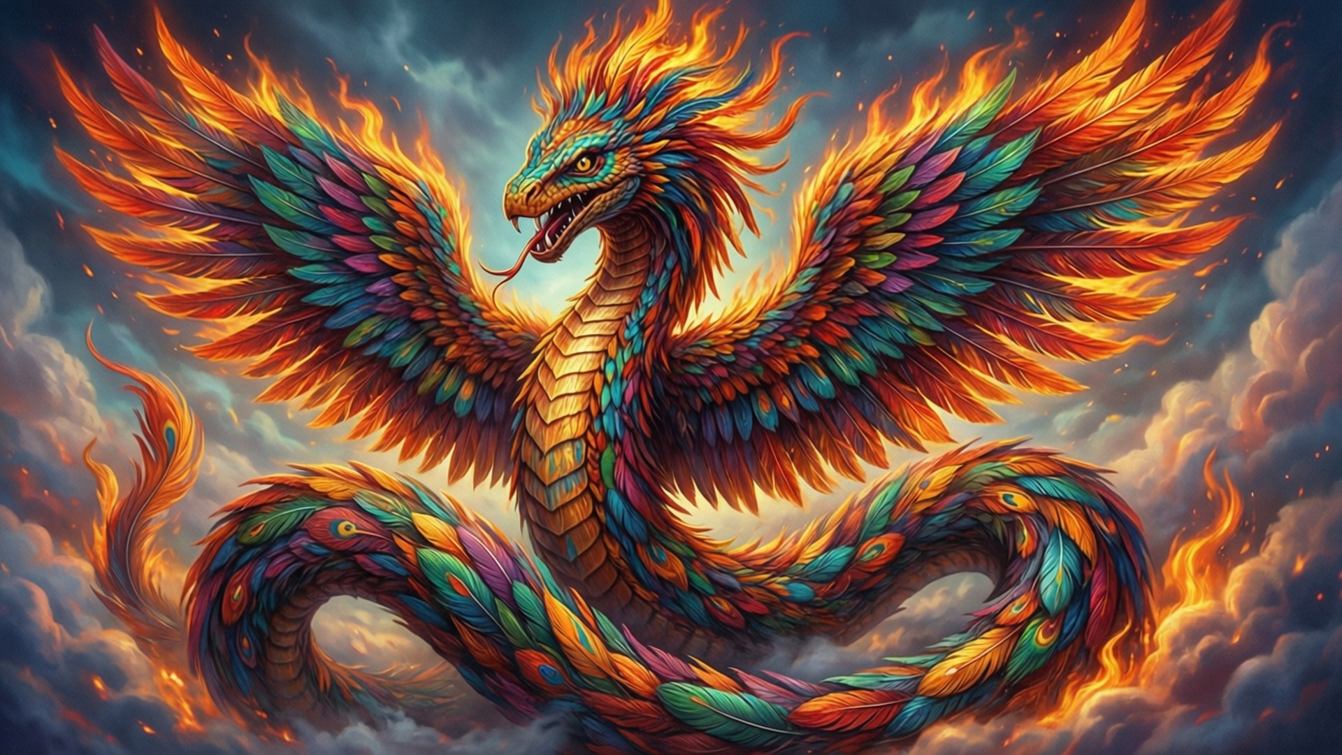 羽焰火蛇 壁紙 — 一隻雄偉多彩的鳳凰，帶著火焰般的翅膀，在戲劇性的暴風雨中翱翔，羽毛閃爍著鮮豔的色彩。