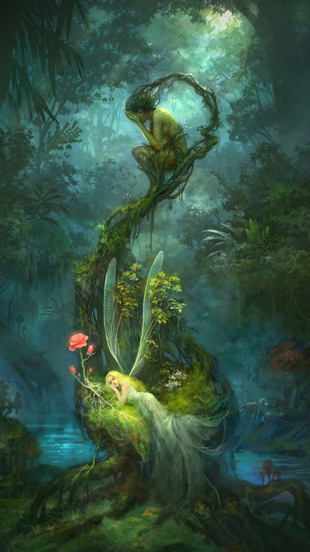 一個睡著的精靈在霧氣繚繞的魔法森林中，躺在長滿苔蘚的樹根上休息。
