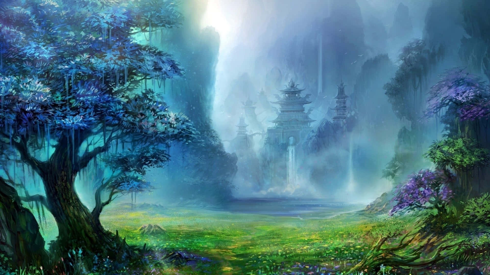 霧氣繚繞的森林，遠處有發光的藍色樹木和古老寶塔。