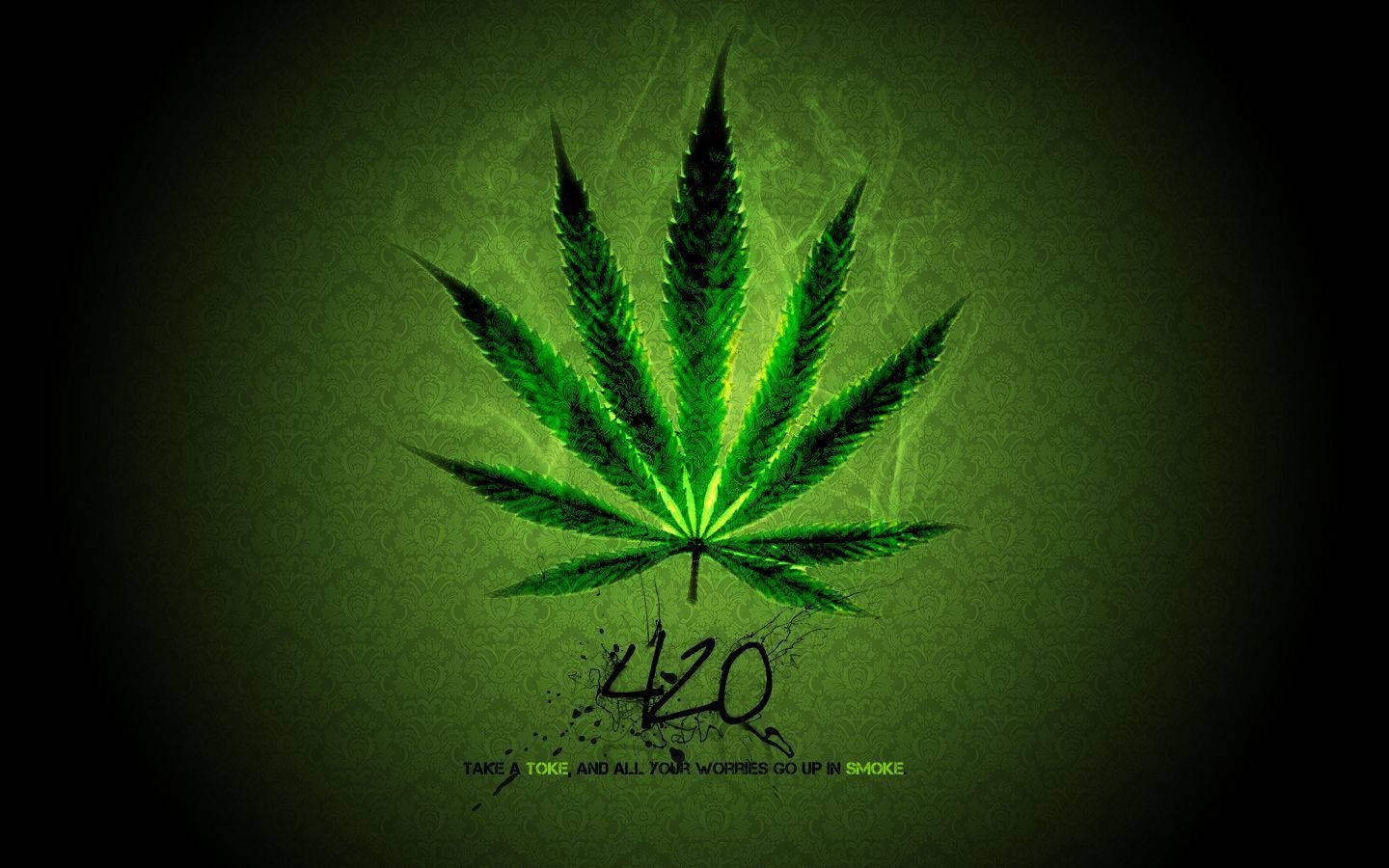 發光的綠色大麻葉，帶有煙霧和文字420，在深色背景上。
