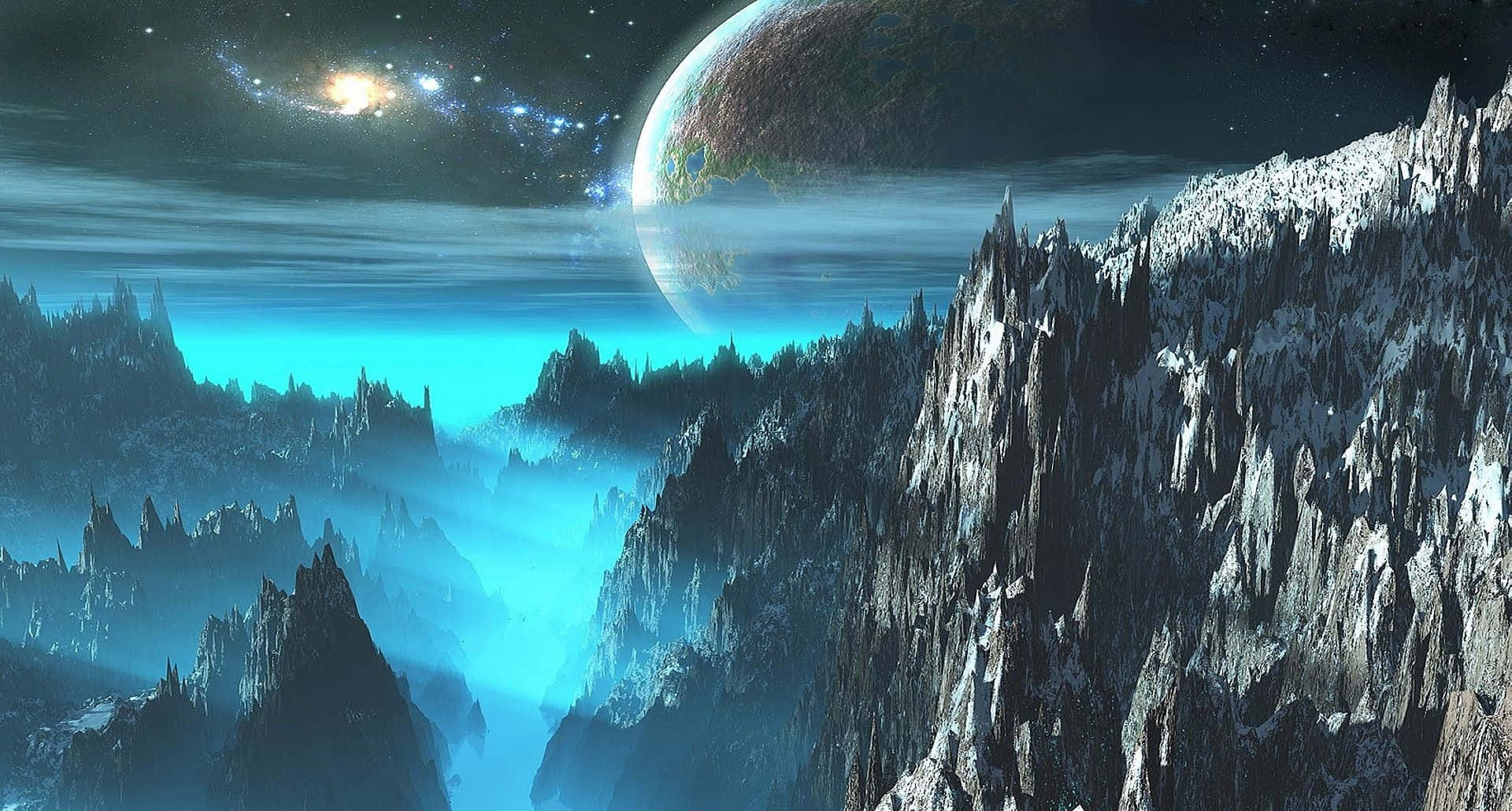 宇宙天空下的外星山脈，閃耀著星系和遙遠的行星。