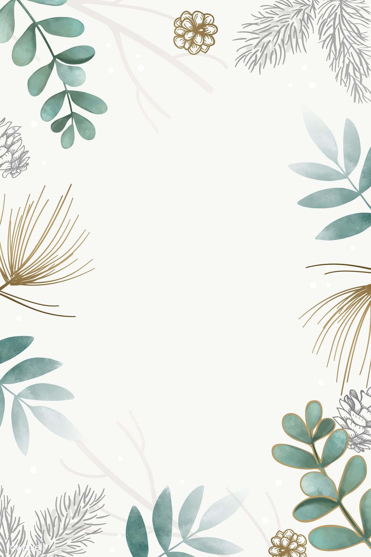 翠綠盎然的自然葉影風景 壁紙 — 優雅的水彩植物邊框，以藍綠色葉子、金色松果和銀色樹枝圍繞空白空間。