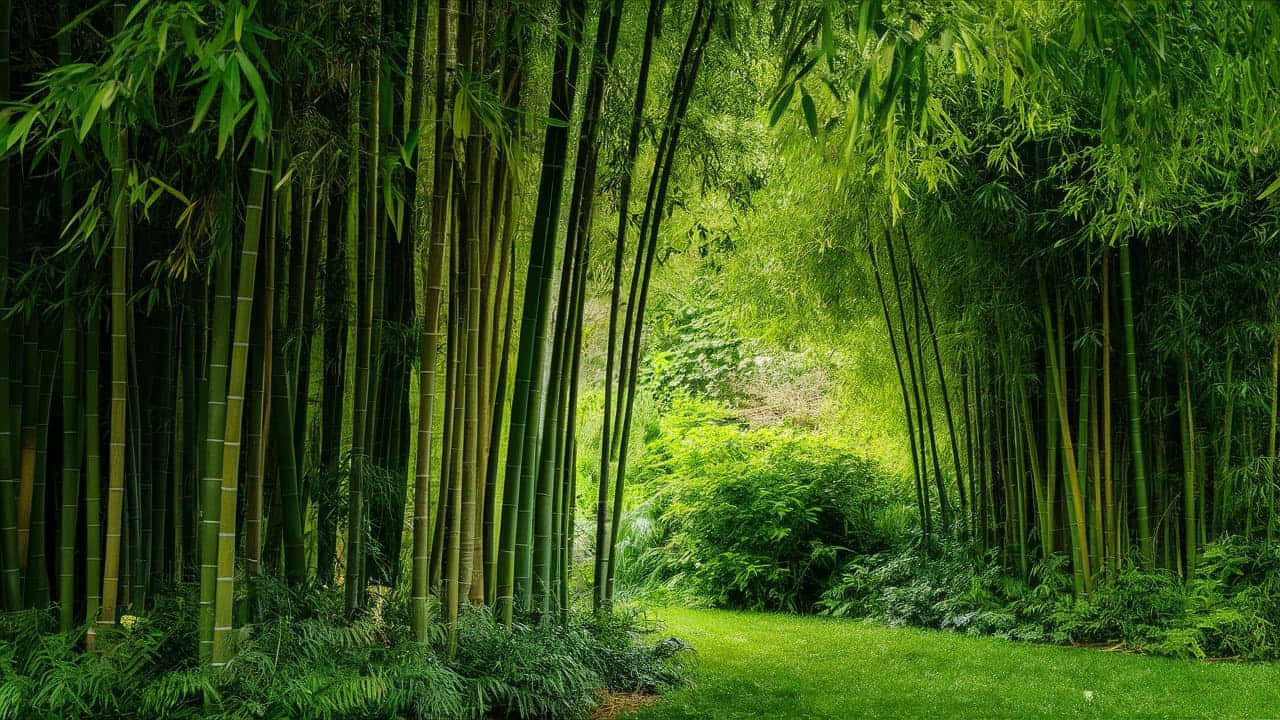 翠綠竹林小徑 HD 壁紙 — 一條寧靜的小徑蜿蜒穿過茂密的竹林，高大的綠色竹桿和茂盛的蕨類植物在柔和的光線下。