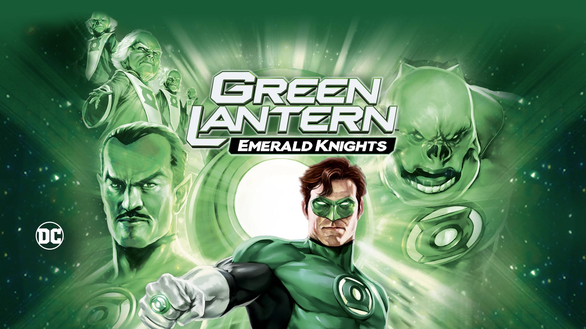 翠綠騎士綠燈俠 壁紙 — Green Lantern Emerald Knights 海報展示英雄和反派角色在宇宙背景下散發綠色能量。