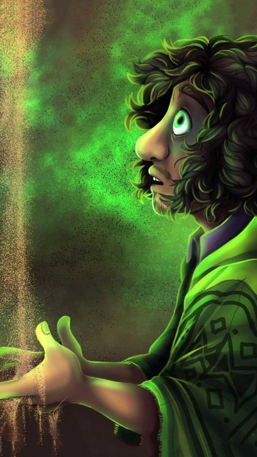 翡翠綠布魯諾·馬迪加爾 壁紙 — 一個神秘人物，擁有發光的綠色眼睛和捲曲的頭髮，在旋轉的綠色背景中引導金色沙粒。
