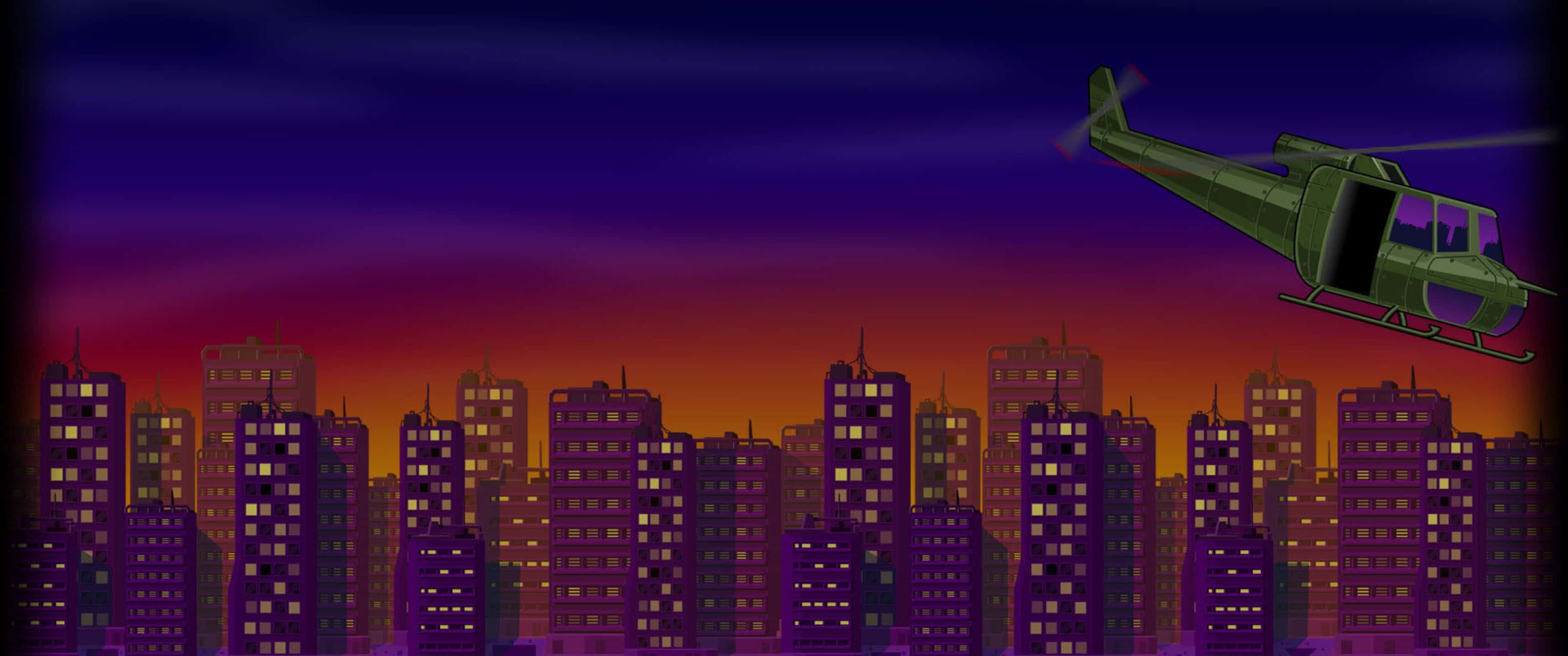 翱翔天際，感受 3440x1440p 直升機的震撼風采 壁紙 — 一架綠色直升機在黃昏時分飛過城市天際線，天空呈現紫色和橙色，窗戶亮著燈。