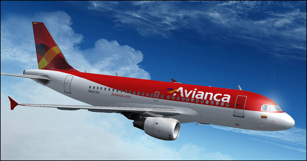 Avianca 飛機在晴朗的藍天中飛行，伴有白雲。