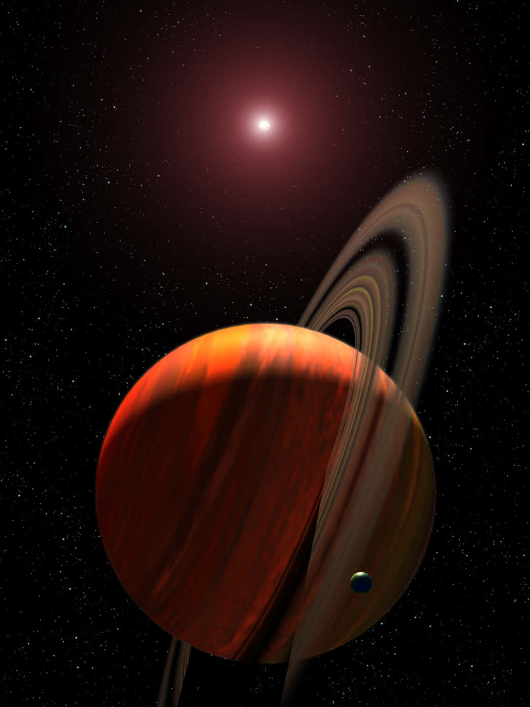 翱翔於浩瀚星際 壁紙 — 一顆鮮紅色的環狀行星圍繞著一顆發光的恆星運行，背景是繁星點點的宇宙，附近有一顆小衛星。