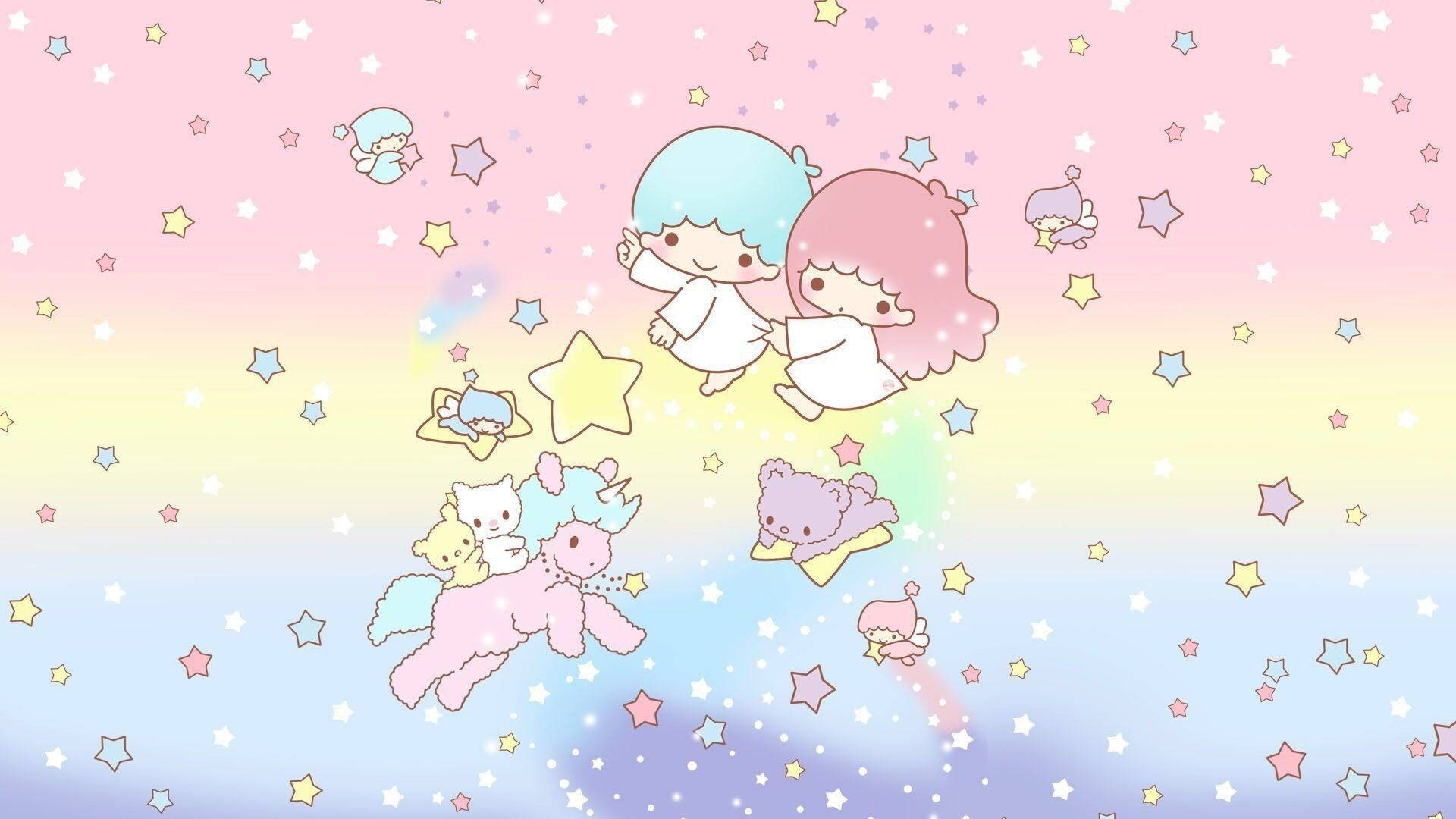 翱翔的小雙星 壁紙 — 兩個可愛的動漫女孩，擁有粉彩髮色，在夢幻的彩虹天空中漂浮在色彩繽紛的星星和獨角獸之間。