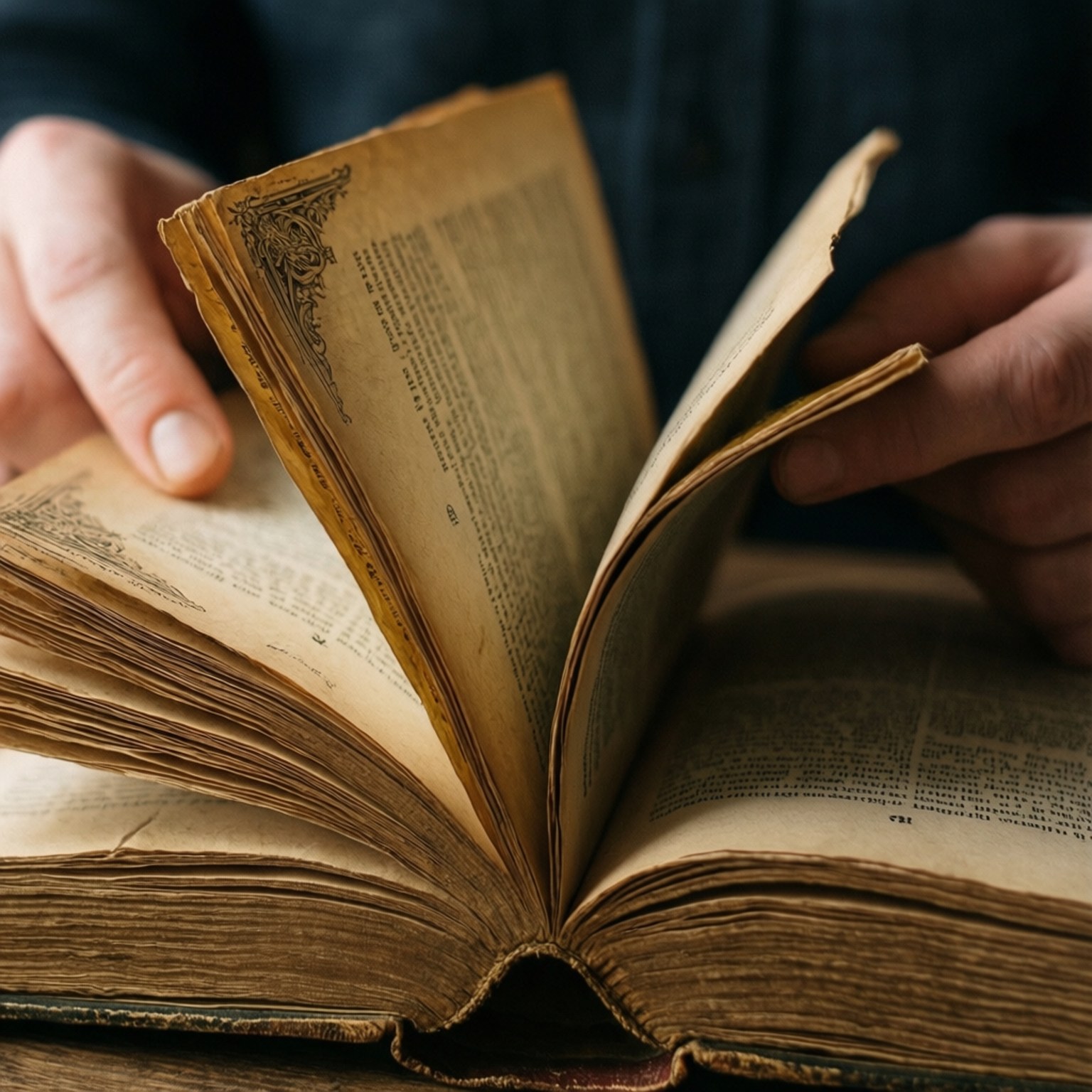 翻閱舊書頁 壁紙 — 特寫雙手翻動一本帶有華麗角落裝飾的古舊書籍發黃的書頁。