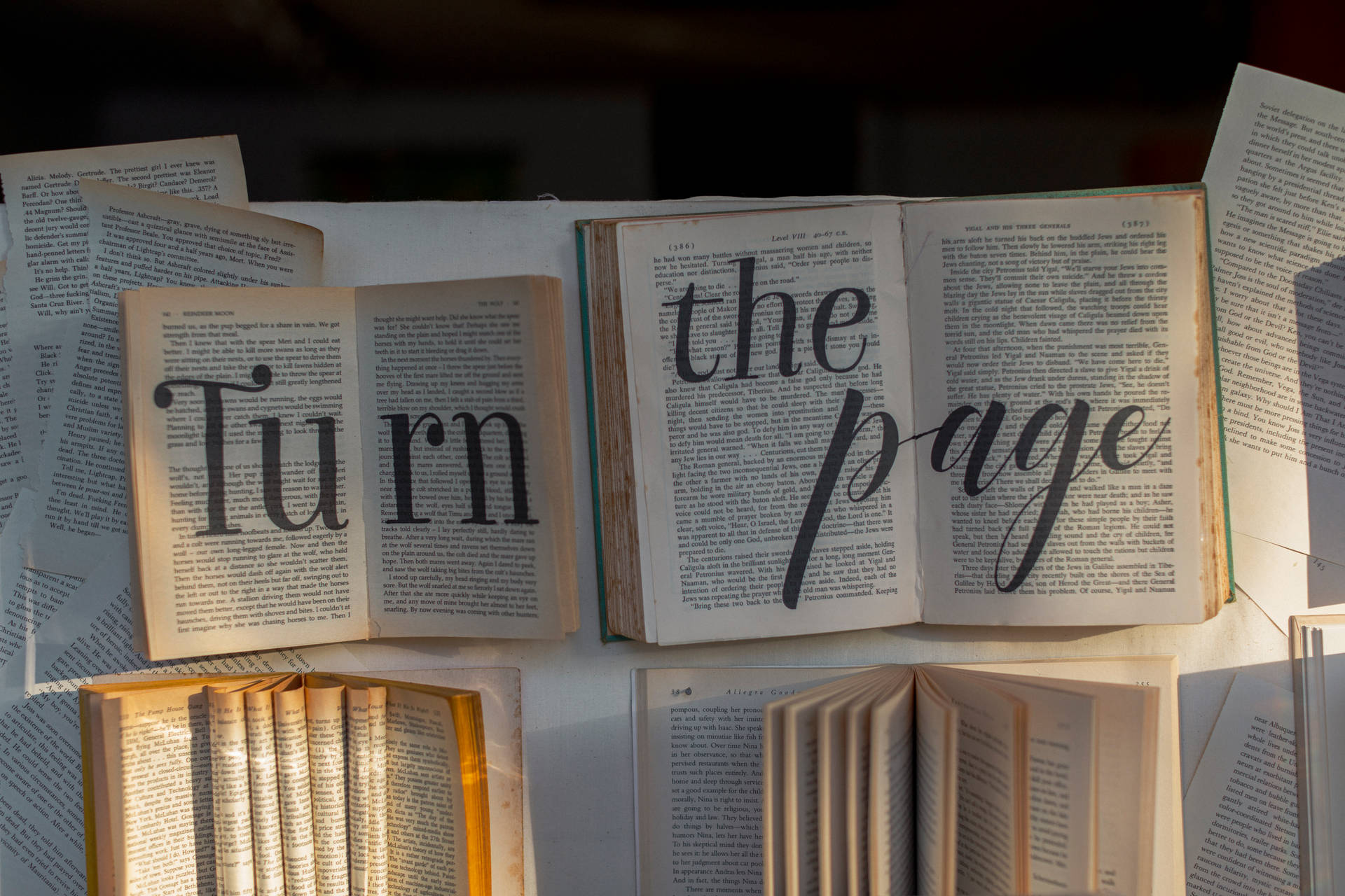 打開的書本帶有 'Turn the page' 文字疊加，在木質表面上，有陽光照射。