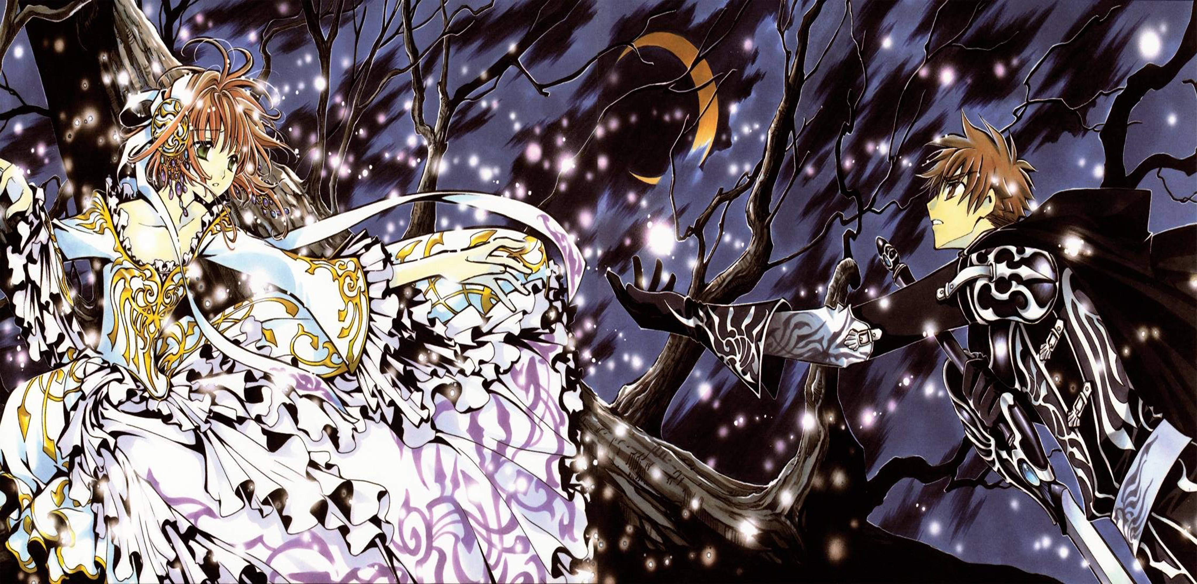 《翼·年代記》分離時刻 壁紙 — 兩個身穿華麗服飾的動漫角色在魔法森林中，於新月下帶着閃爍粒子交鋒。