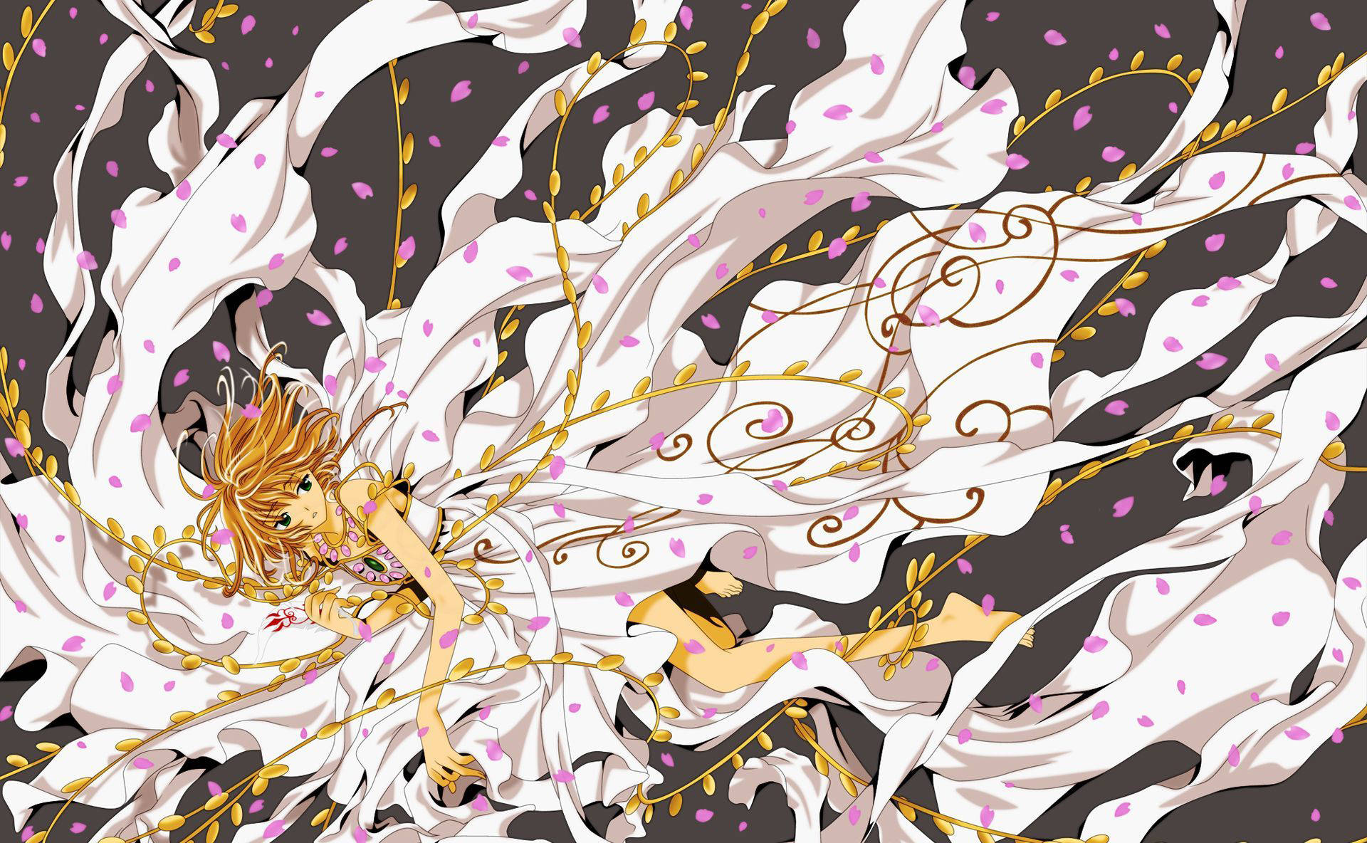 《翼·年代記》天使櫻花 壁紙 — 一位金髮動漫少女穿著飄逸的白色連衣裙，在黑暗背景中，於旋轉的藤蔓和粉紅色花瓣間飄浮。