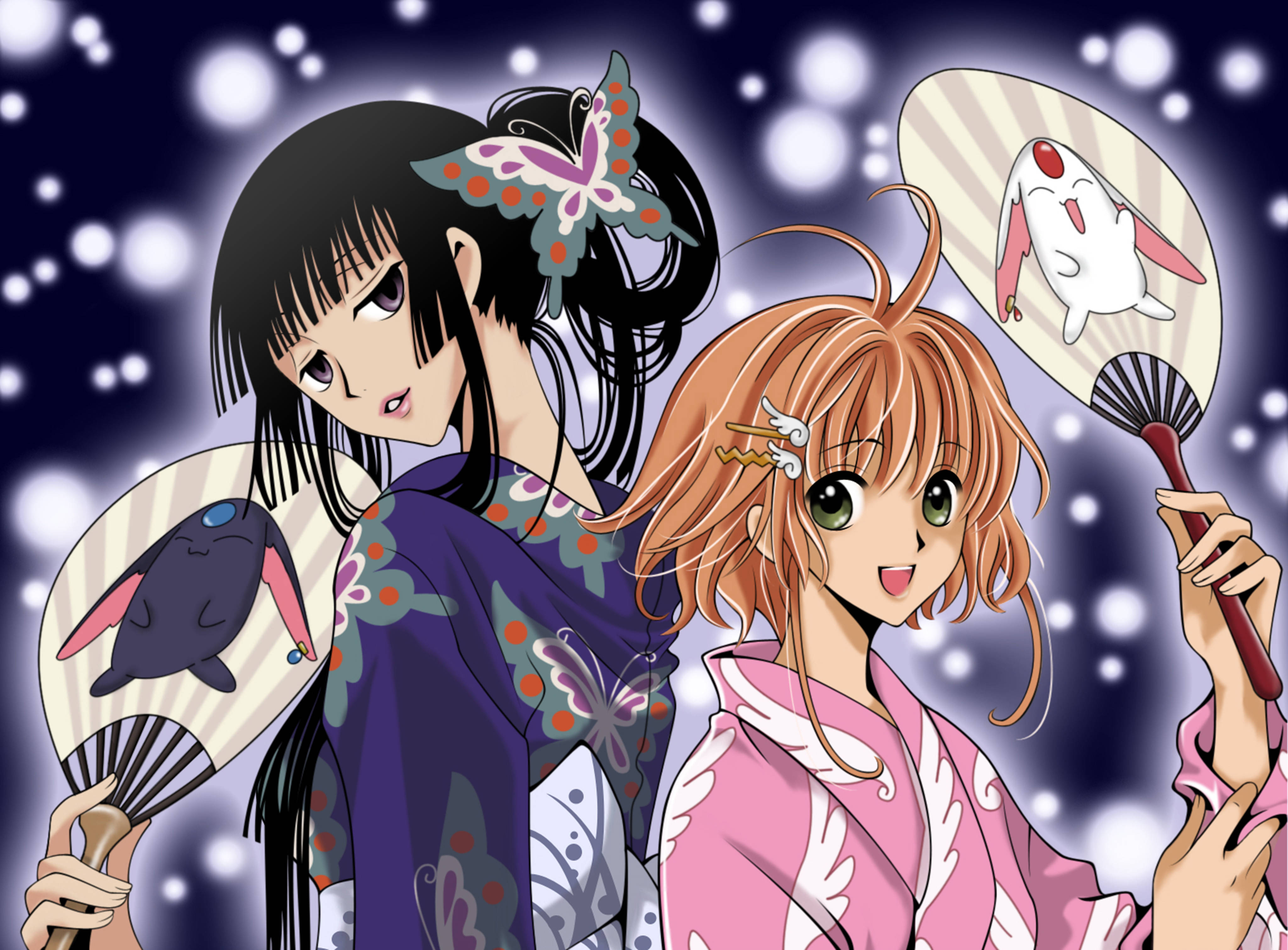 《翼·年代記》櫻花與魔女 壁紙 — 兩位動漫少女穿著色彩繽紛的和服，手持兔子圖案的扇子，背景是閃爍的夜空。