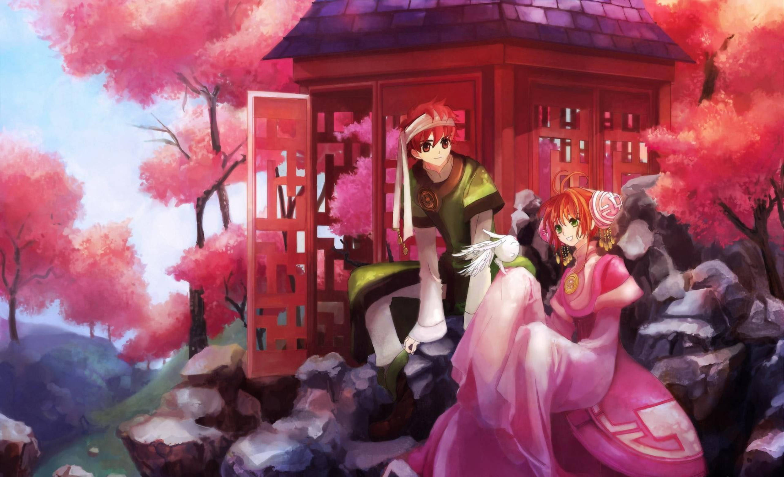 《翼·年代記》盛開花園 壁紙 — 兩個動漫角色坐在紅色寶塔旁，上方是盛開的粉紅櫻花，身處寧靜的花園中。