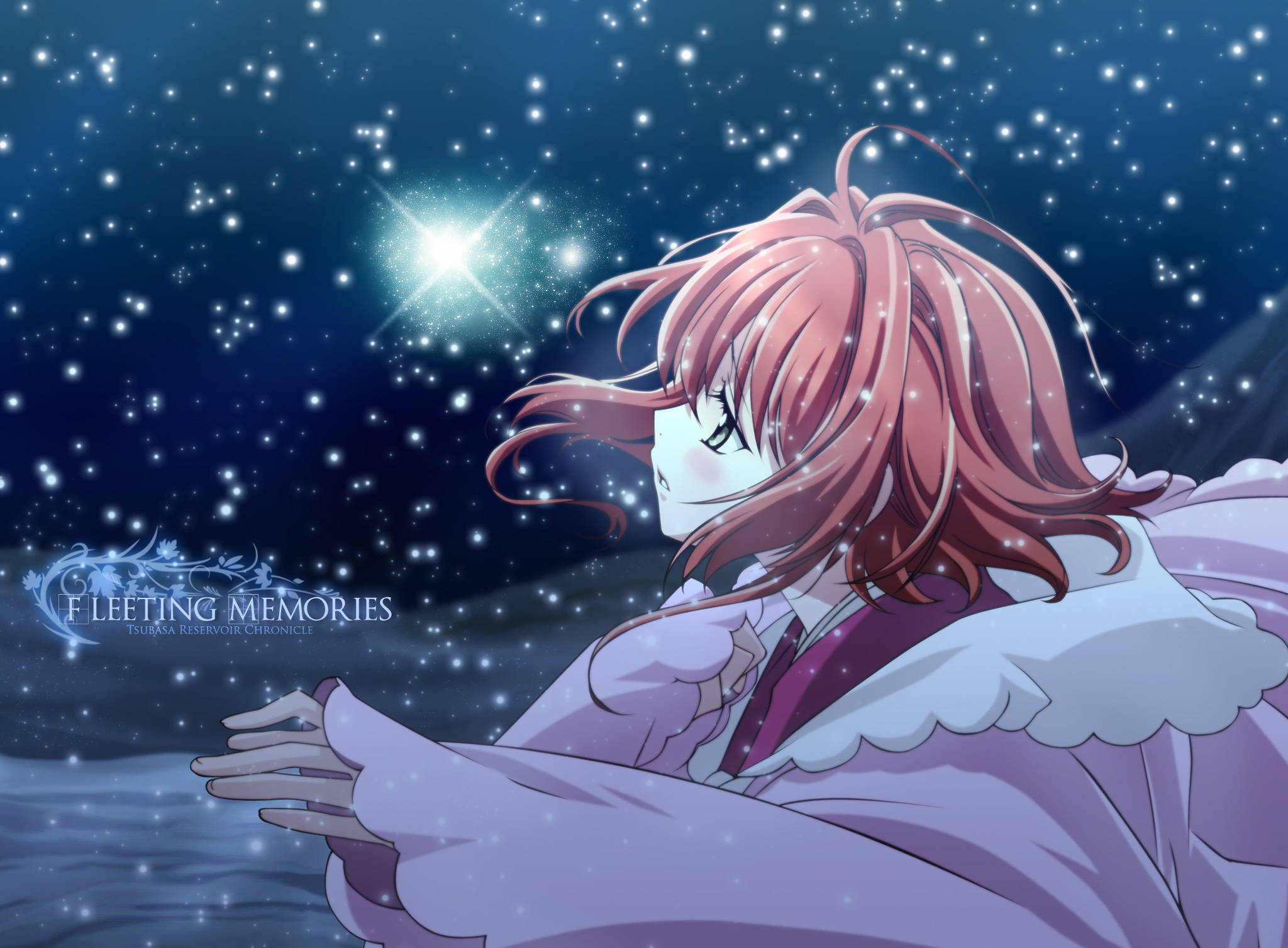 《翼·年代記》瞬息回憶 壁紙 — 一位粉紅色頭髮的動漫女孩穿著紫色外套，凝視著雪夜天空中一顆明亮的星星。