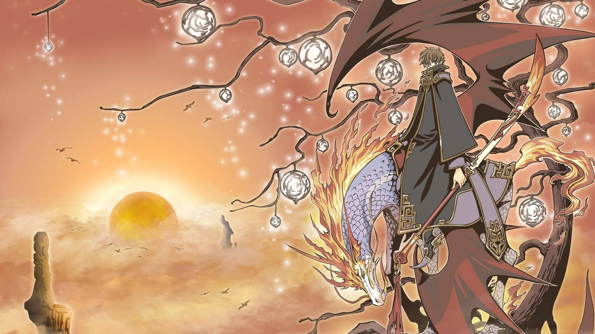 《翼·年代記》紗羅安與龍 壁紙 — 一位擁有暗色翅膀的戰士騎著一條火龍，在裝飾著發光球體和光禿樹枝的日落天空下。