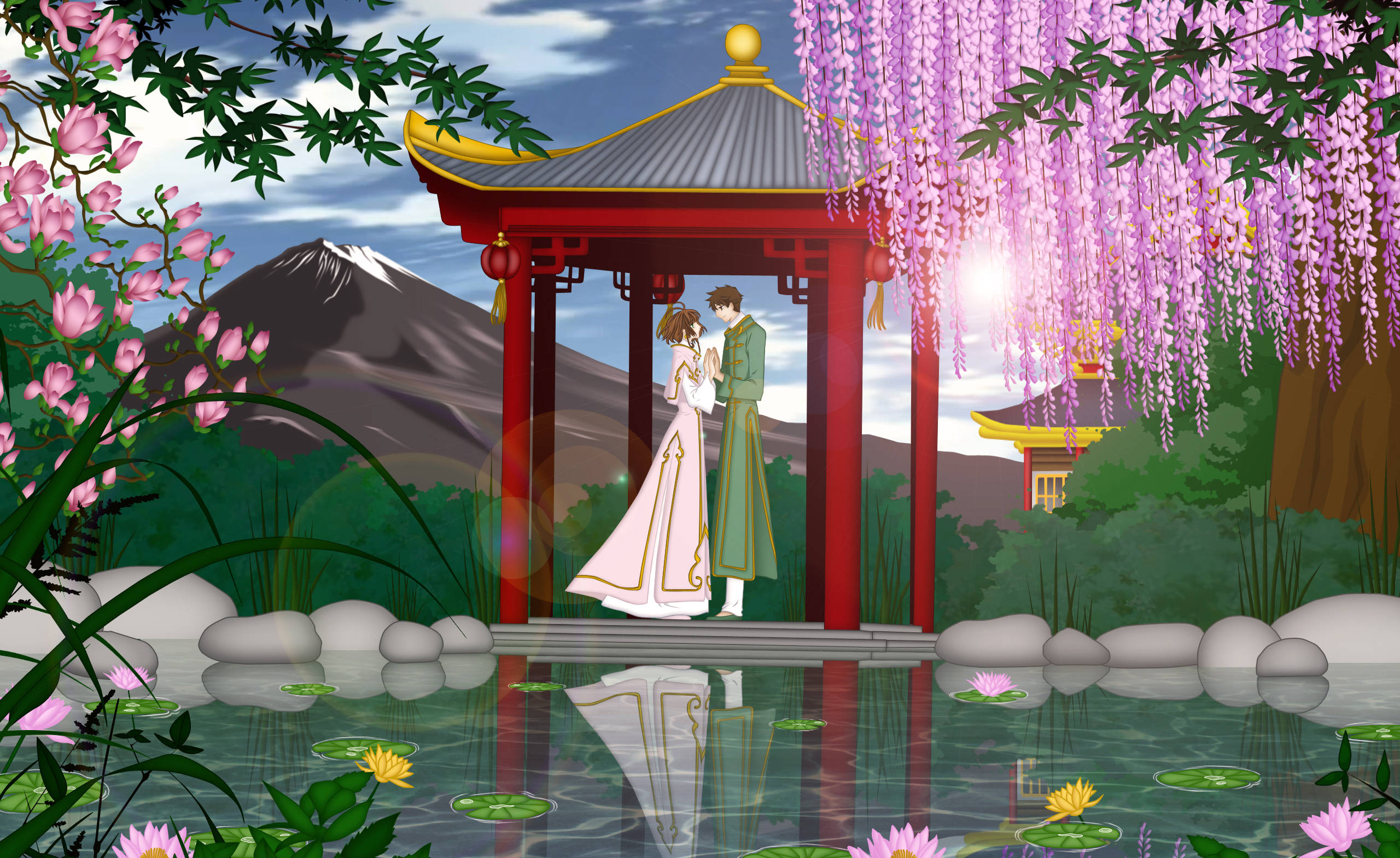 《翼·年代記》花園 壁紙 — 一對穿著傳統服飾的情侶站在紅色日本亭子旁，旁邊有睡蓮葉和紫藤花的池塘，背景是山巒。