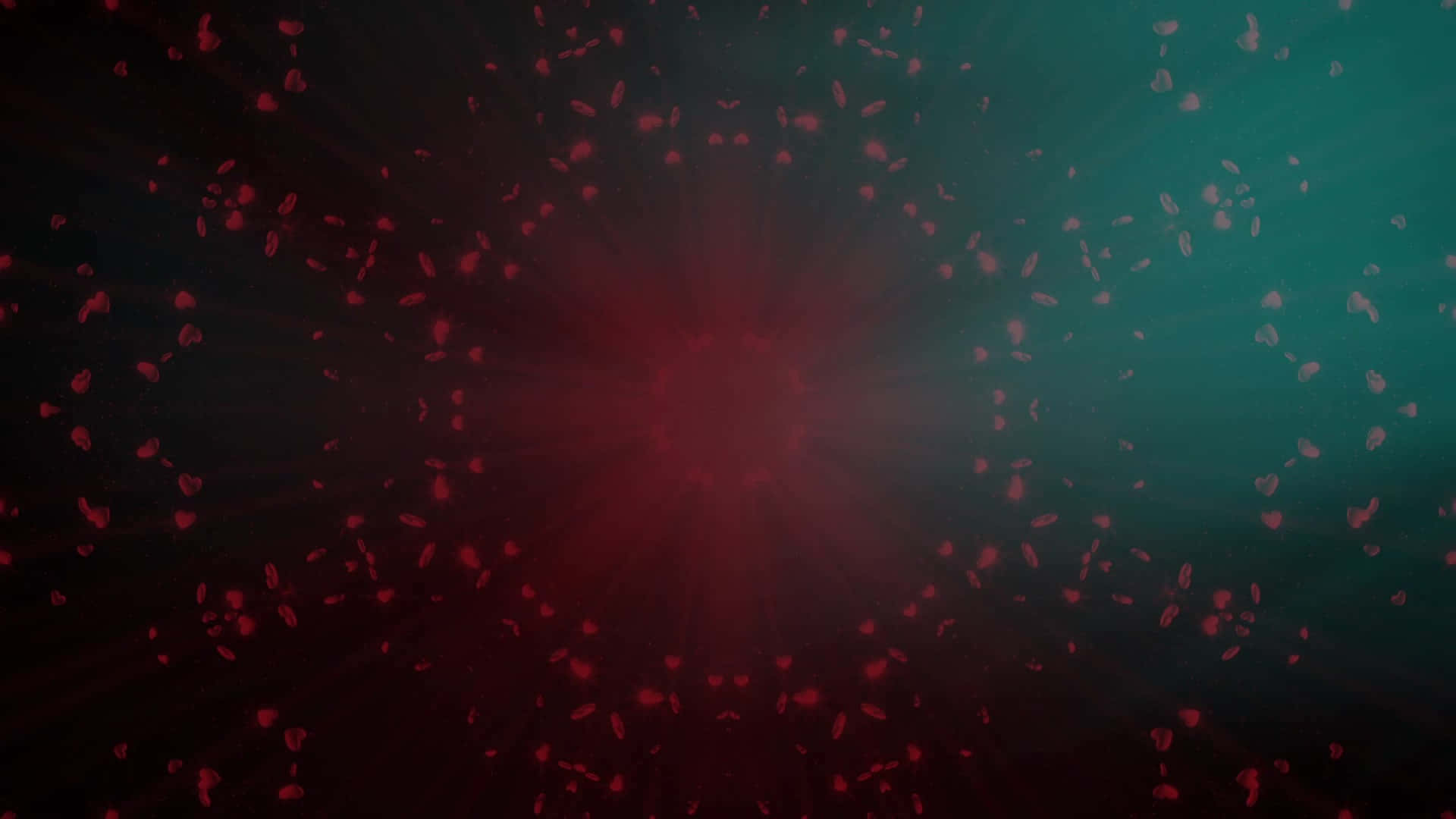 Twitter Header 桌布 壁紙 — 耀眼的紅色和藍綠色光束從中心點迸發，照亮黑暗虛空中漂浮的花瓣狀粒子。