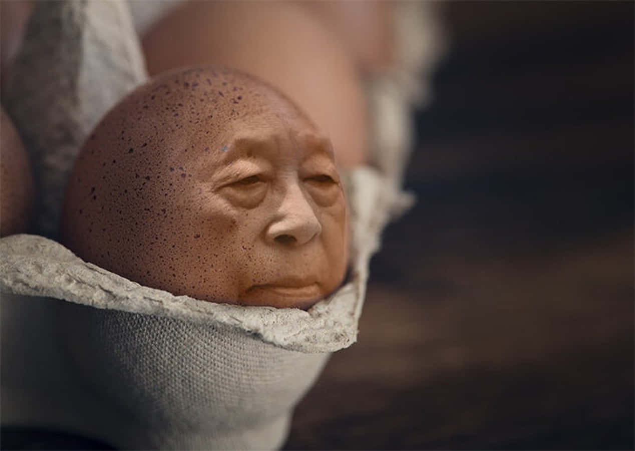 老人臉蛋在蛋上的奇異圖 壁紙 — 一位老翁的臉部特寫，從一個裂開的蛋殼中顯現，蛋殼由一塊有紋理的布包裹著。
