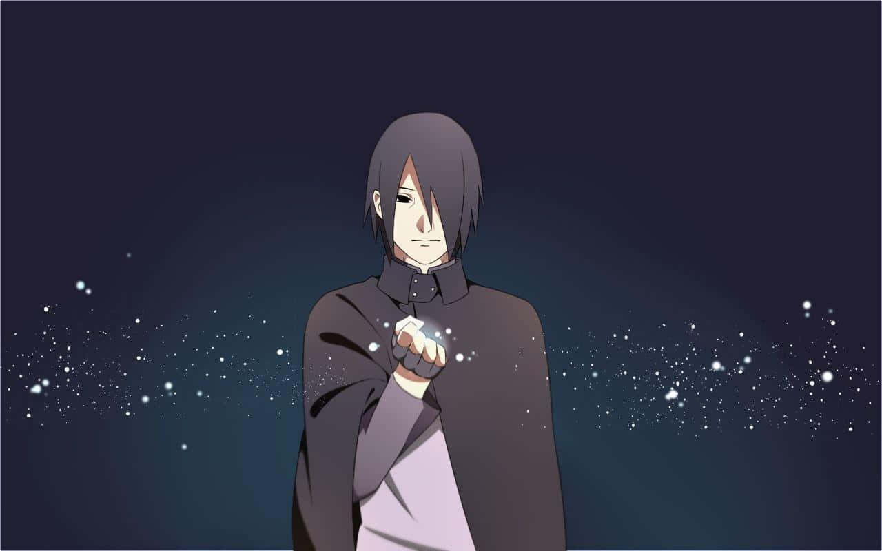 「老佐助」 壁紙 — 動漫角色，深色頭髮，披著斗篷，在繁星點點的夜空背景下手持發光粒子。