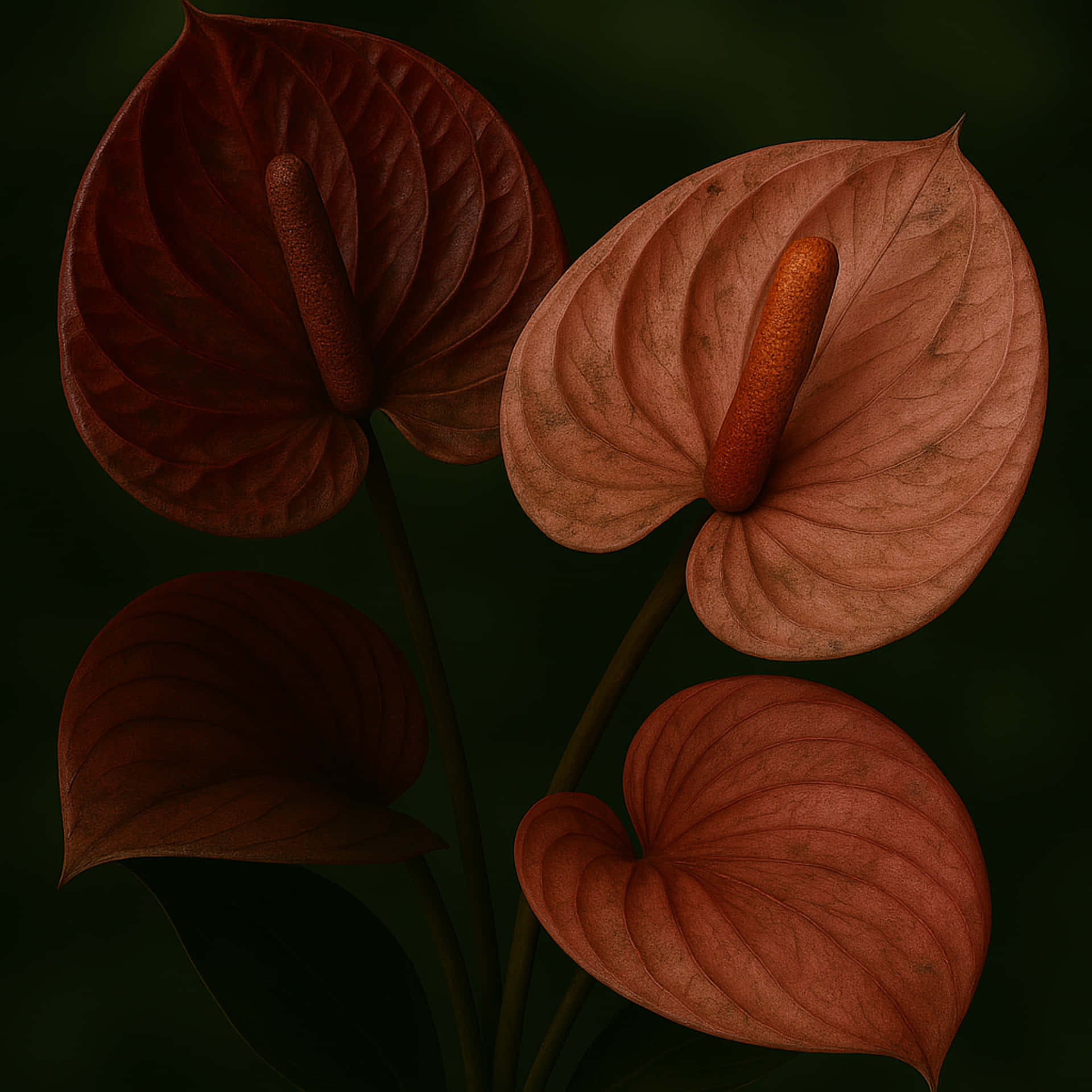 老化的安祖花 壁紙 — 四朵深紅色紅掌花，帶有紋理的心形苞片和橙色肉穗花序，在深綠色背景下閃耀。