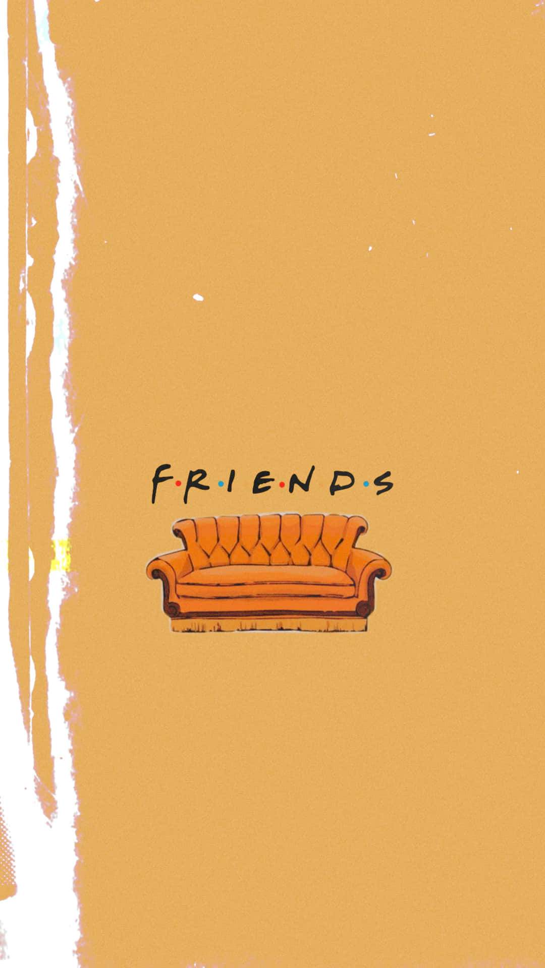 芥末黃背景上 Friends 標誌下的橙色梳化，帶白色油漆筆觸。