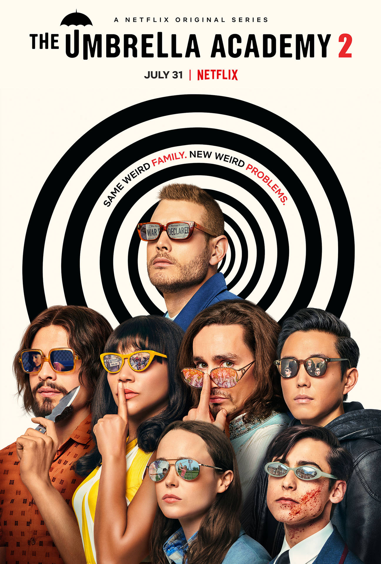 七個角色戴著太陽眼鏡為Netflix系列海報擺姿勢。