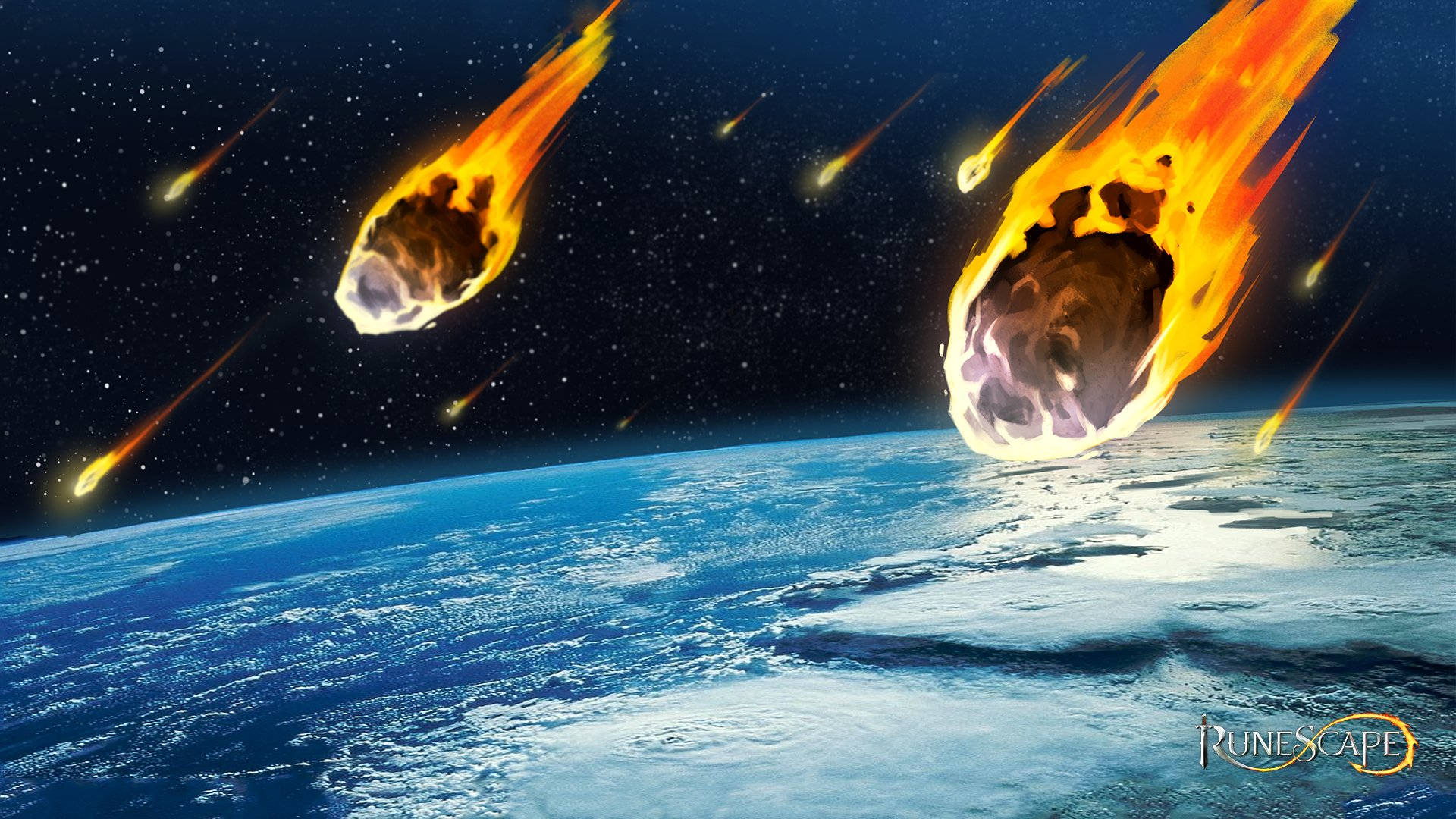 老學校傳奇：流星雨襲擊地球 壁紙 — 兩顆巨大的火流星在星空劃過，地球藍白相間的弧形地平線上方。