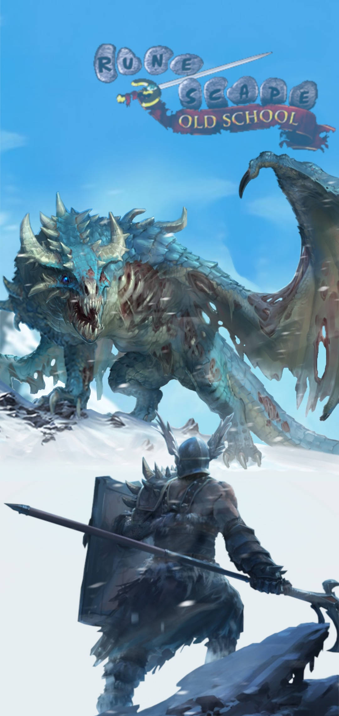 老學校傳奇：雪中龍戰士對決 壁紙 — 在明亮的藍天下，一名身穿盔甲的騎士在白雪覆蓋的山頂上面對一條巨大的藍色龍。