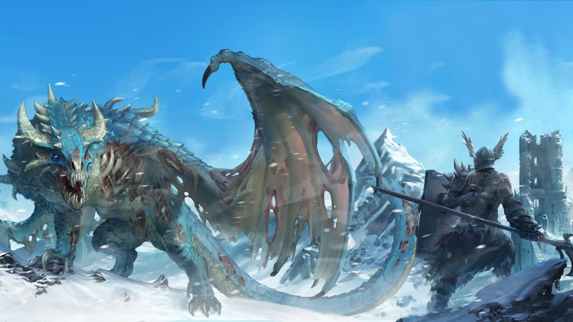 老學校傳奇：雪中龍與戰士對決 壁紙 — 一名身穿暗色盔甲的騎士在明亮的藍天下，於白雪覆蓋的山脈中與一隻巨大的冰藍色龍對峙。
