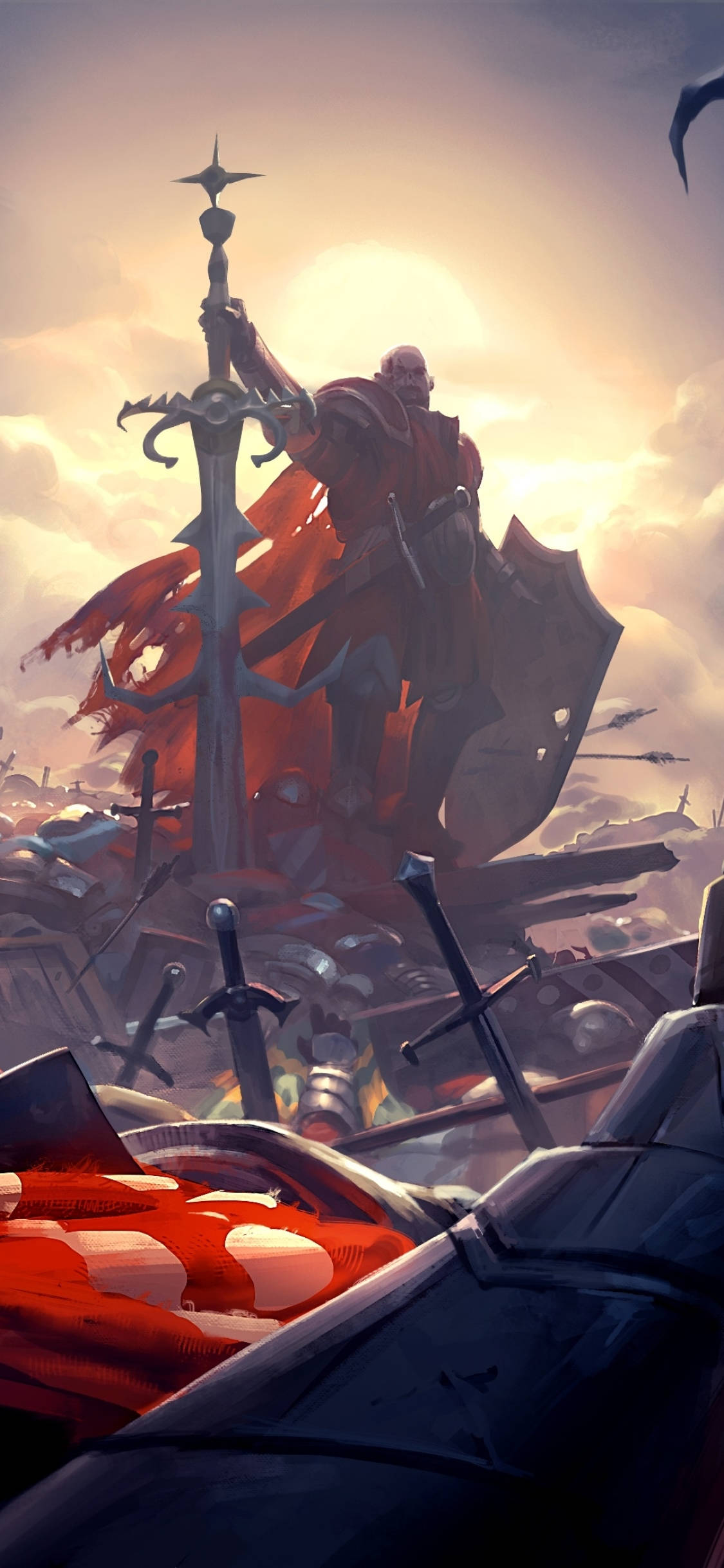 老式《RuneScape》- 勝利玩家 壁紙 — 一位身穿紅色斗篷的戰士站在戰場上，手持劍，夕陽在他身後落下。
