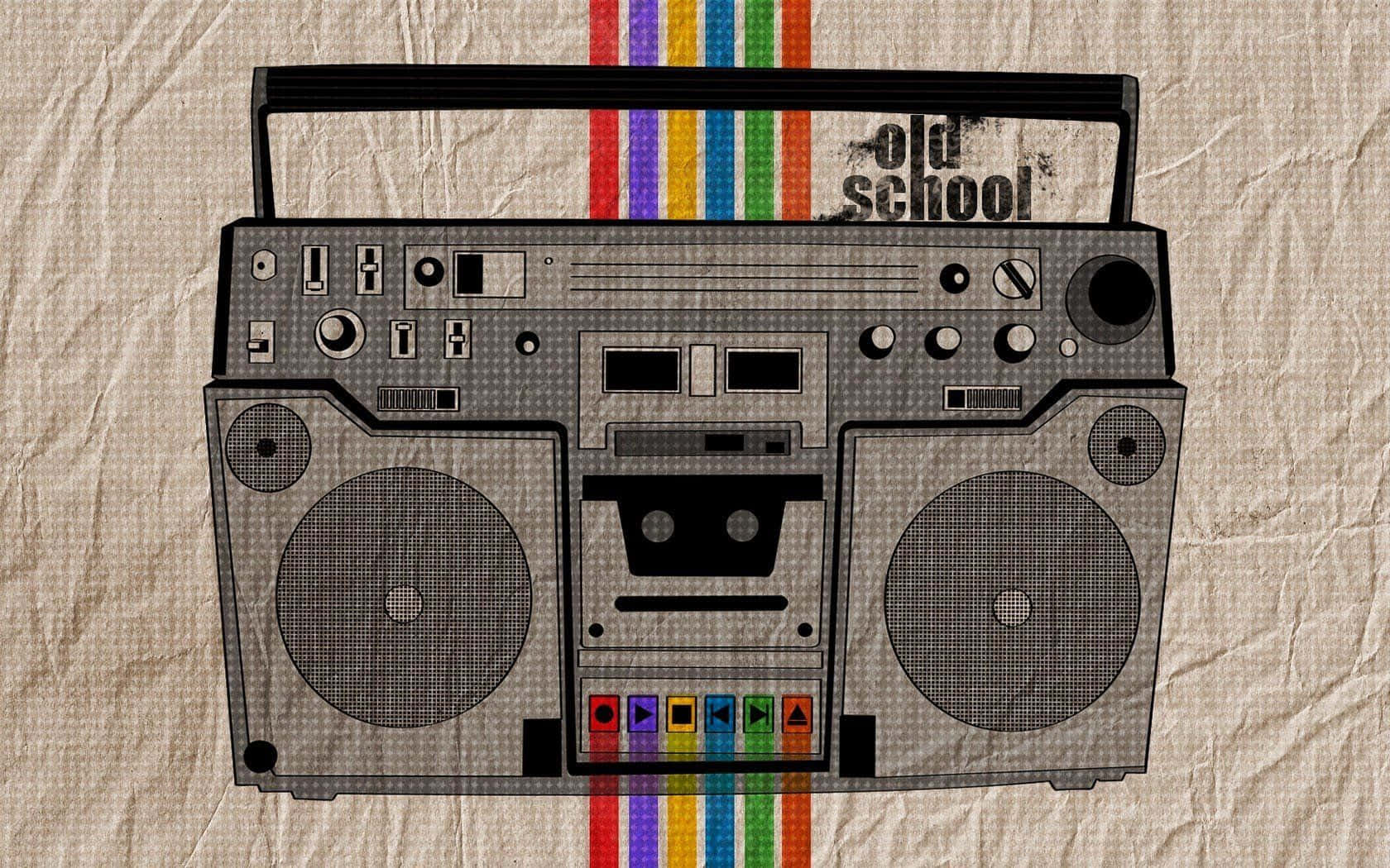 在紋理背景上，帶有彩虹條紋和「old school」文字的復古手提音響。