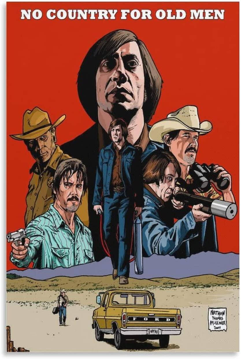 《老无所依》復古風格海報 壁紙 — 《No Country for Old Men》的風格化海報，紅色背景上有六個角色，沙漠景觀中有一輛黃色福特卡車。