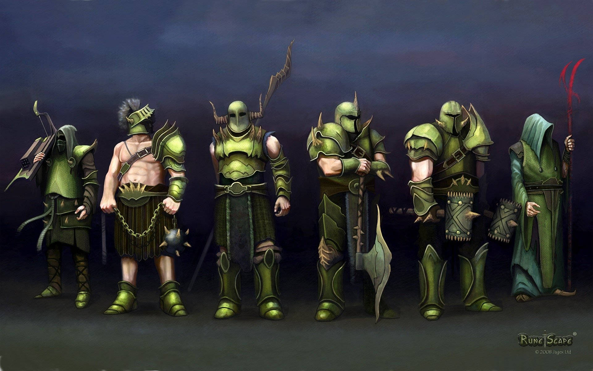 老派《RuneScape》中的巴羅斯兄弟 壁紙 — 六名身穿綠色和黑色裝備的裝甲戰士，在黑暗風暴的天空下排成一排，手持武器。