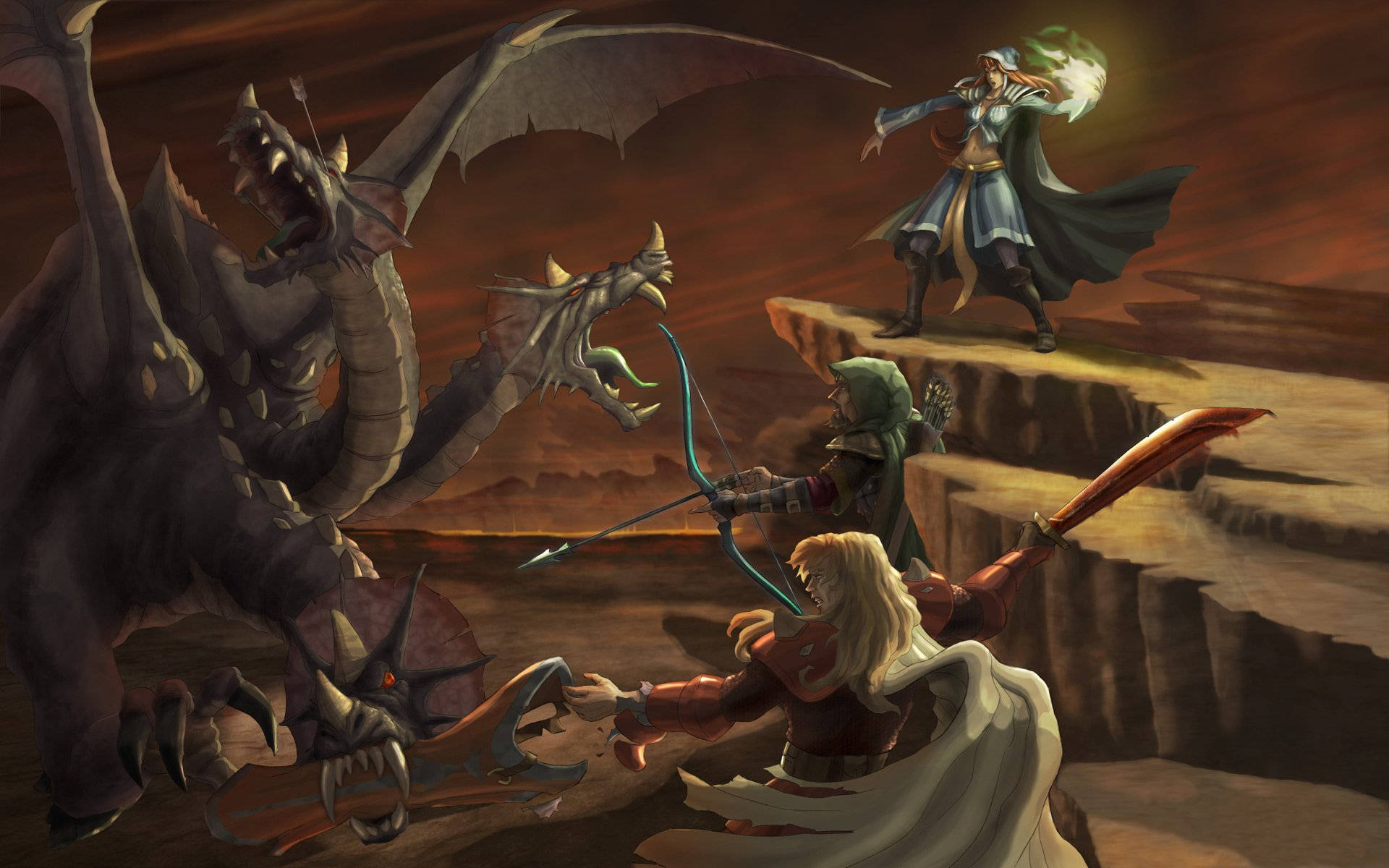 老派《RuneScape》中的戰鬥場景 壁紙 — 一個奇幻戰鬥場景，巫師施展魔法，弓箭手在懸崖上與巨龍戰鬥。