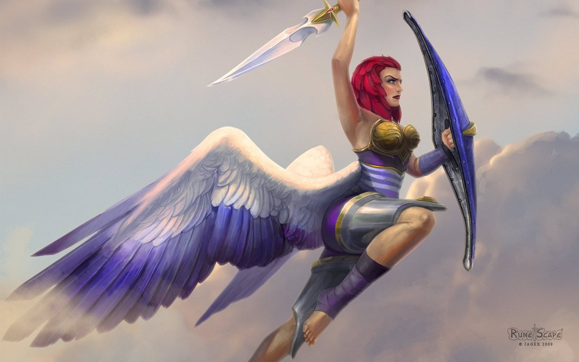 老派《RuneScape》中的指揮官齊莉安娜 壁紙 — 一位紅髮翼戰士在雲層密佈的天空中翱翔，揮舞劍與盾，擺出動態戰鬥姿勢。