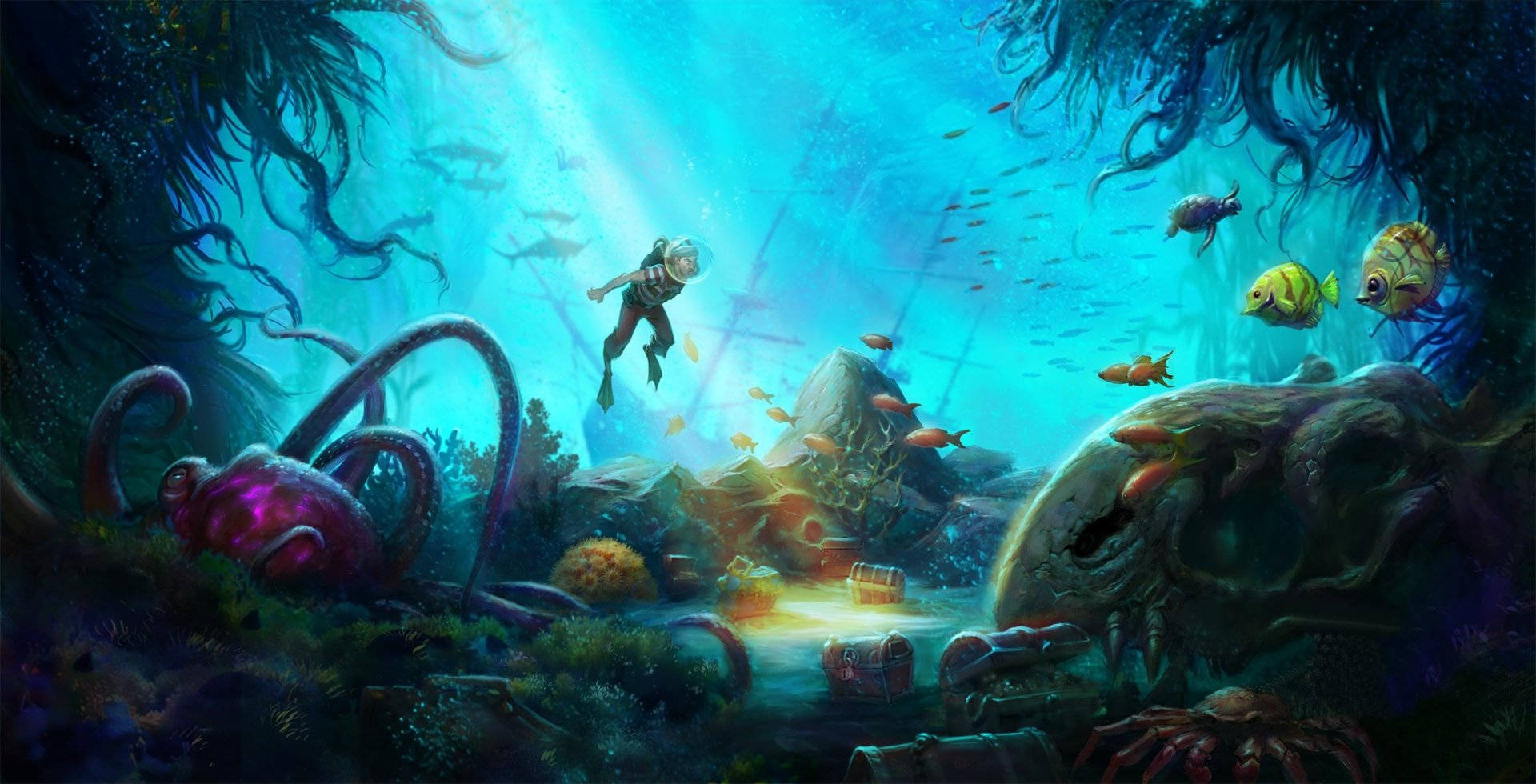 老派《RuneScape》中的水下世界 壁紙 — 一名潛水員探索陽光照耀的水下遺跡，周圍環繞著色彩繽紛的魚類、珊瑚和巨型章魚觸手。