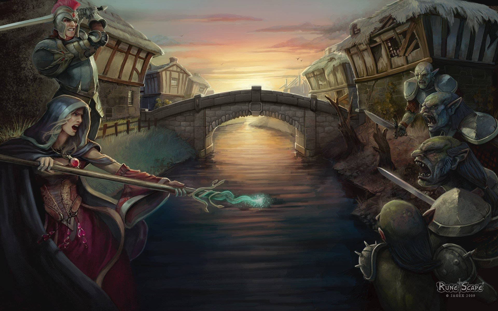 老派《RuneScape》中的河渠風景 壁紙 — 一位巫師在河上施展發光的咒語，而身穿盔甲的騎士和哥布林在日落時分的石橋下交戰。