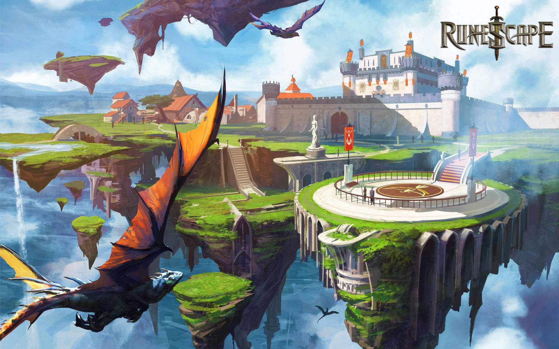 老派《RuneScape》中的王國風景 壁紙 — 一座雄偉的浮島堡壘，有一條龍飛過，周圍環繞著茂密的綠色植物和瀑布，在明亮的藍天下。